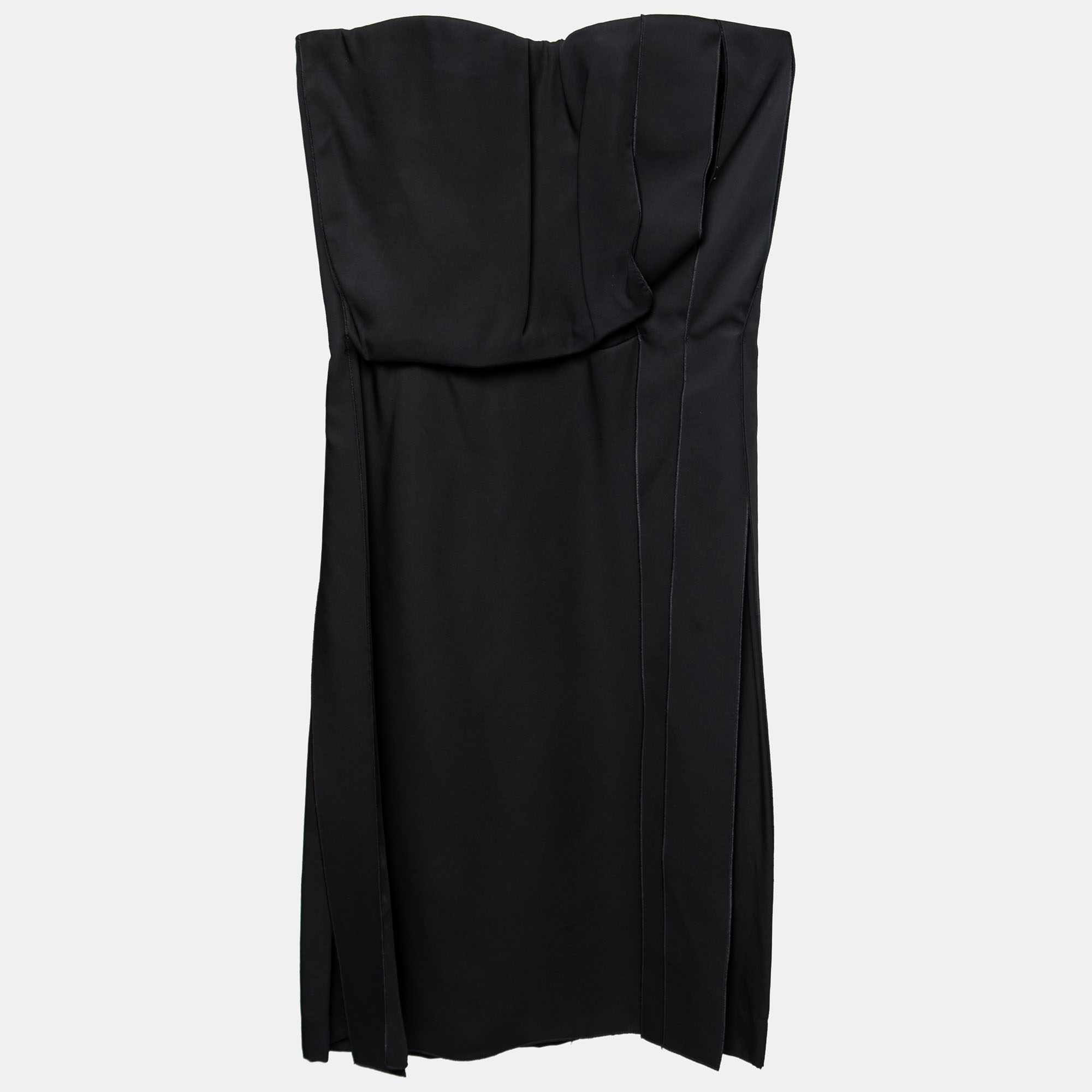 Bottega Veneta Black Synthetic Pleated Fringe Strapless Dress S