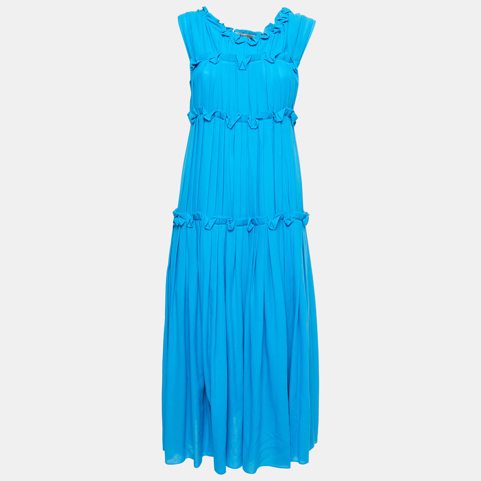 Bottega Veneta Blue Ruffled Cotton Sleeveless Midi Dress M