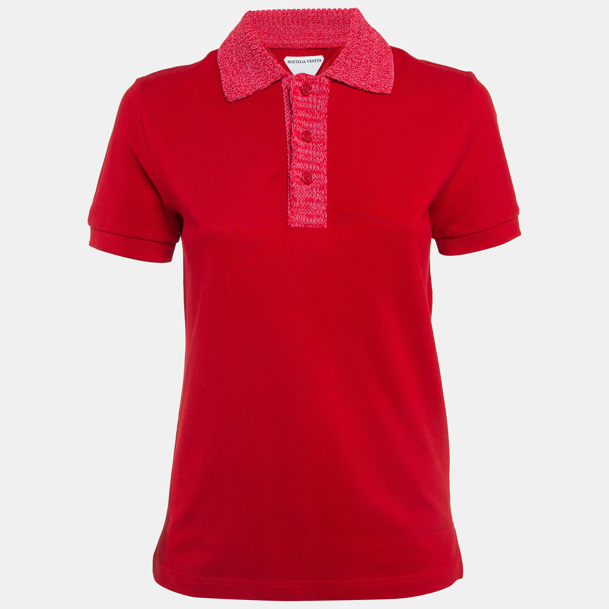 Bottega veneta red contrast knit collar piqu&eacute; knit polo t-shirt xs