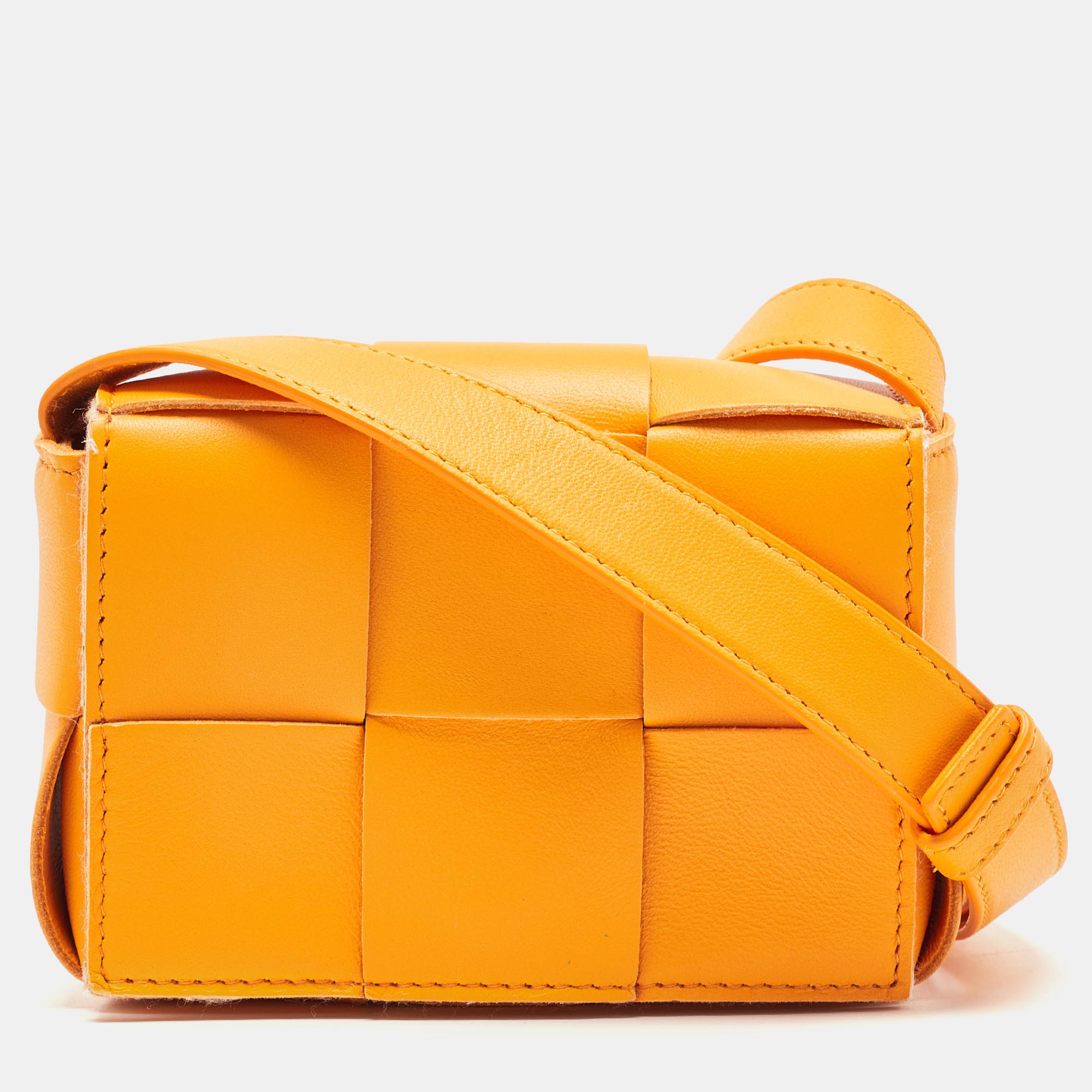 Bottega veneta orange intreccio leather mini cassette crossbody bag