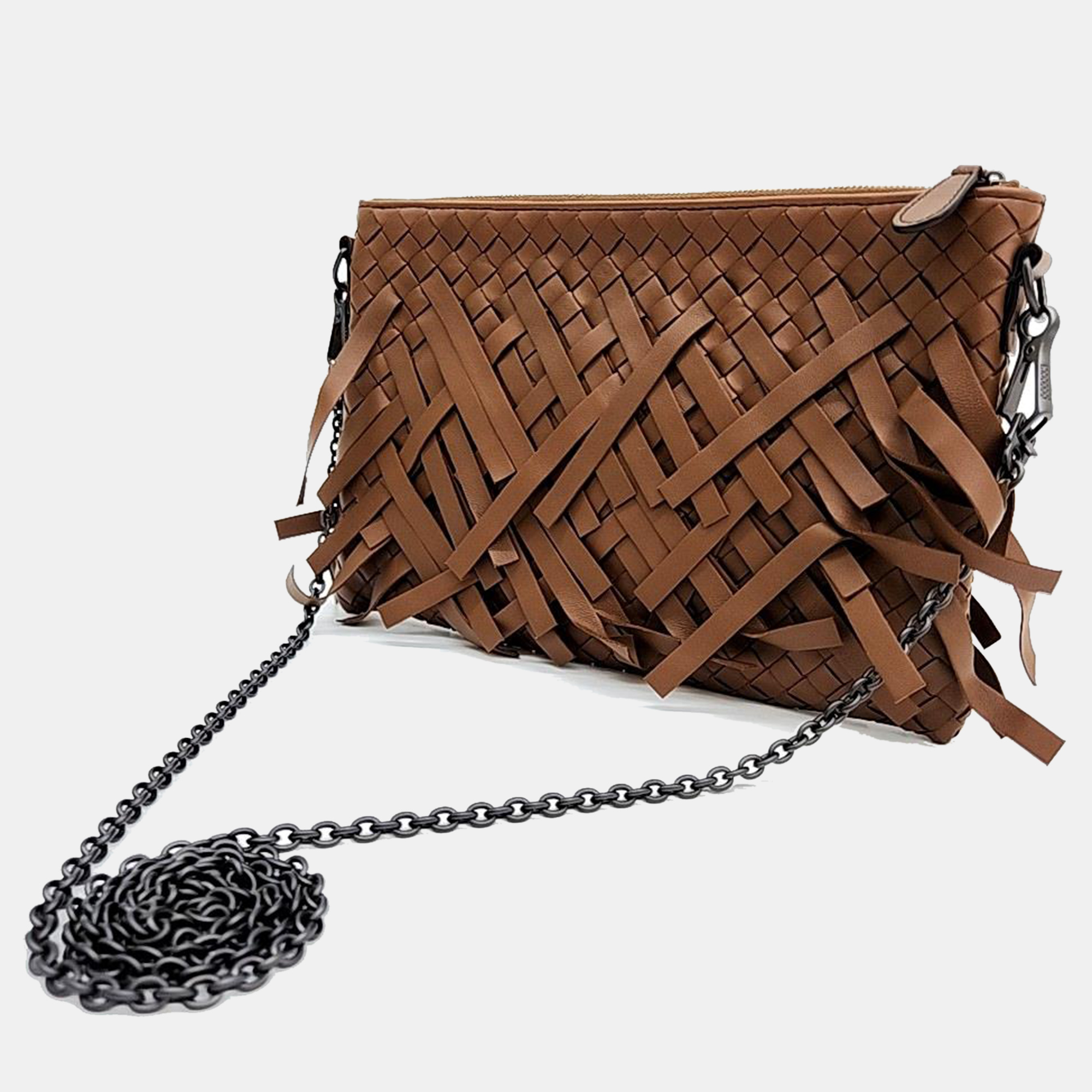 Bottega Veneta Brown Intrecciato Fringe Leather Crossbody Bag