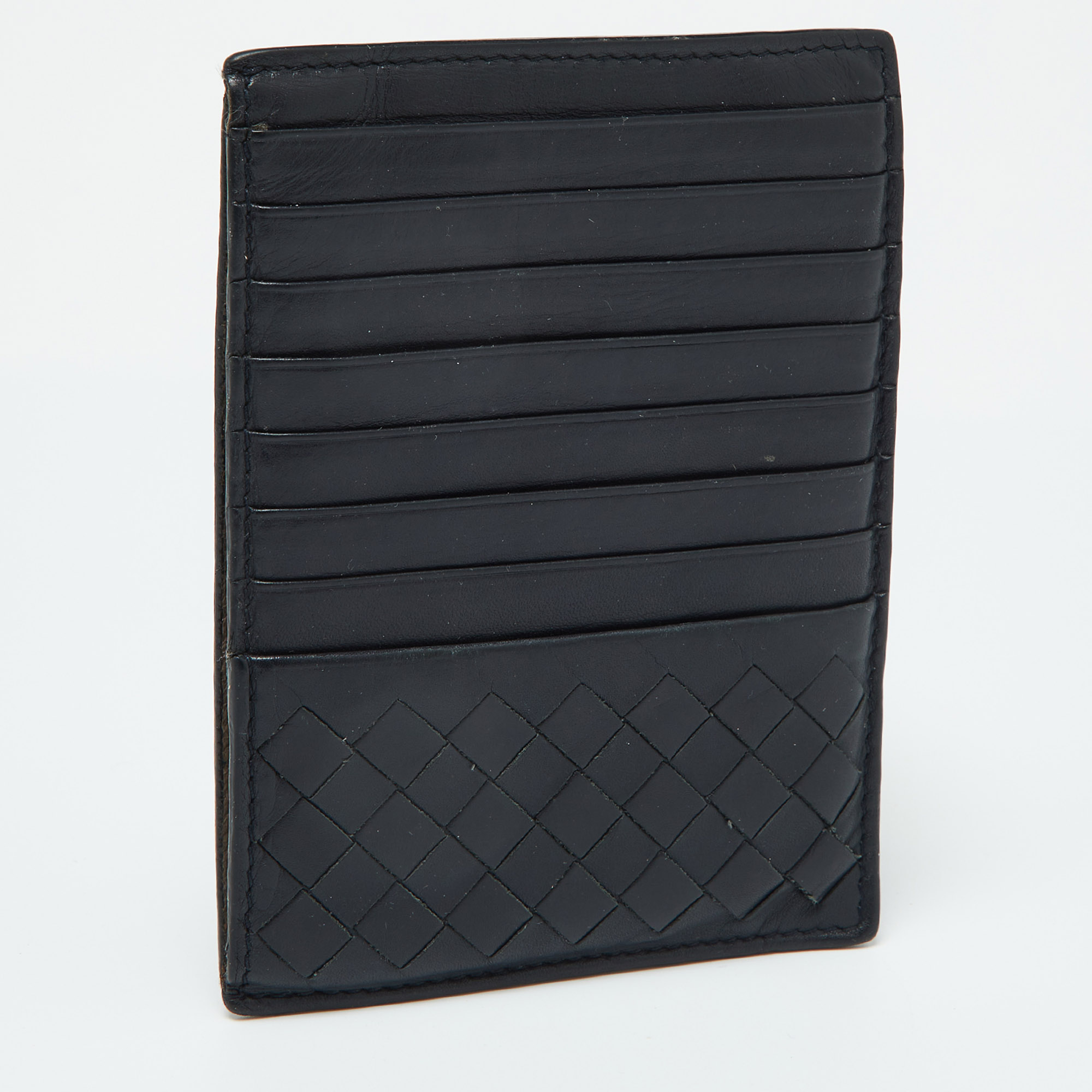 Bottega Veneta Dark Blue Intrecciato Leather Zip Card Holder