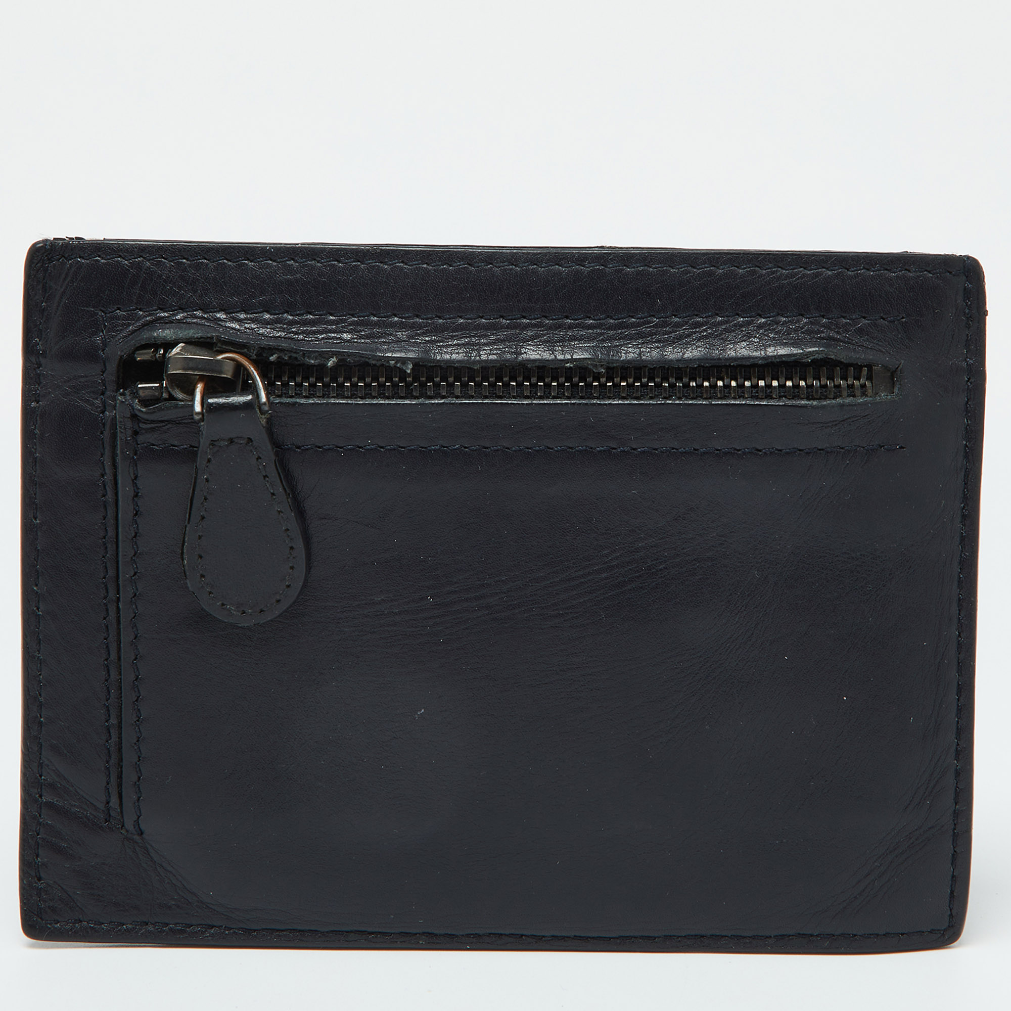 Bottega Veneta Dark Blue Intrecciato Leather Zip Card Holder