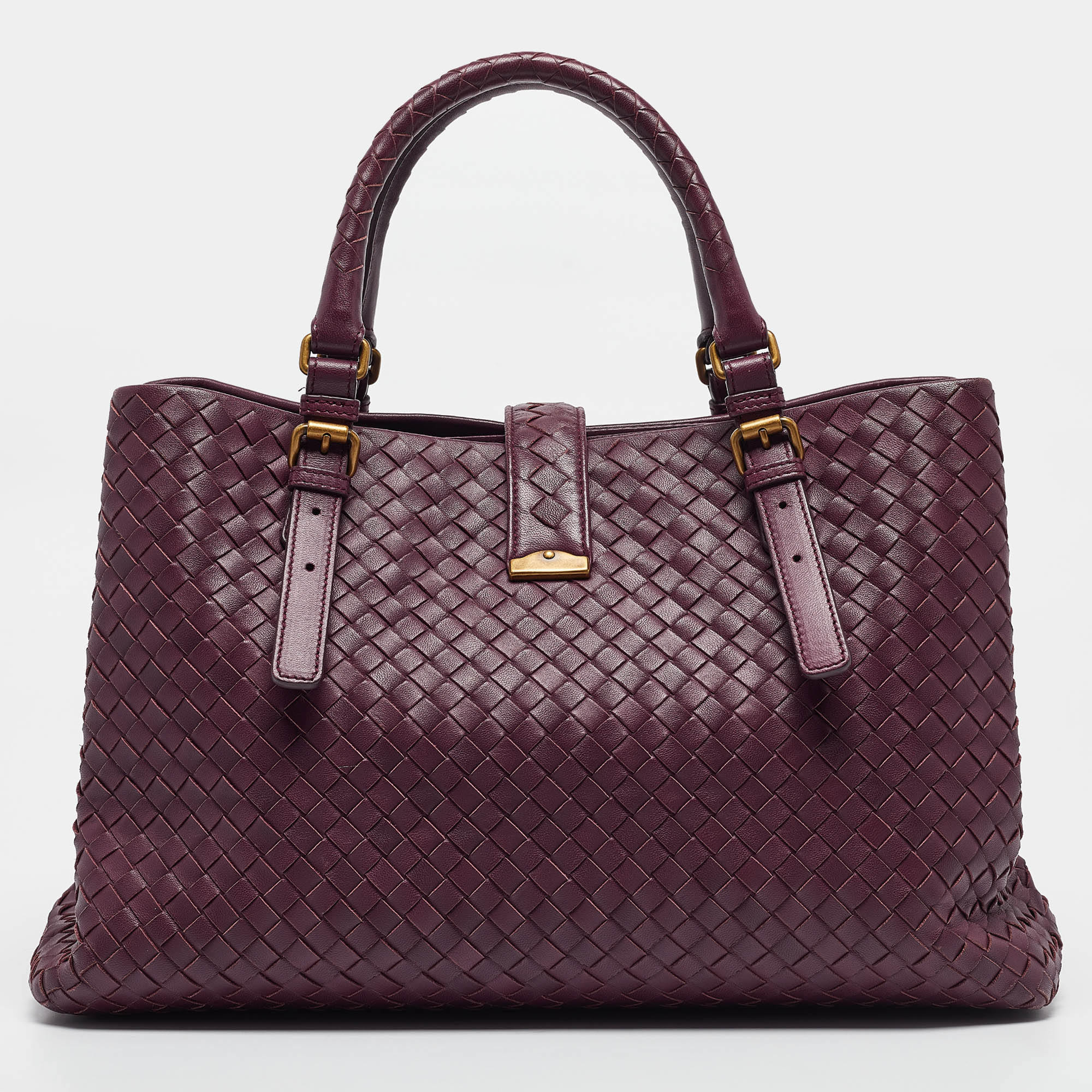 Bottega Veneta Plum Intrecciato Leather Medium Roma Tote