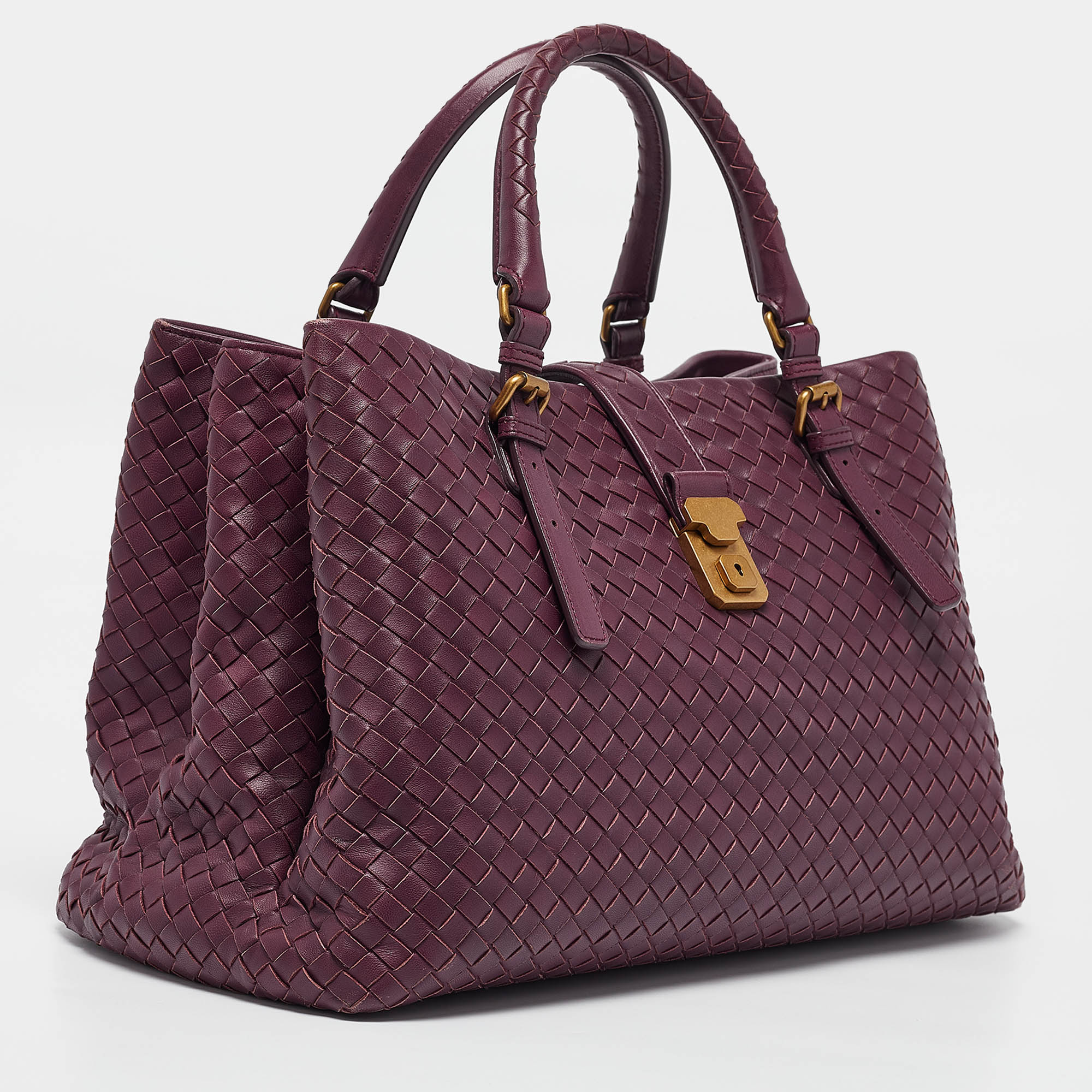 Bottega Veneta Plum Intrecciato Leather Medium Roma Tote