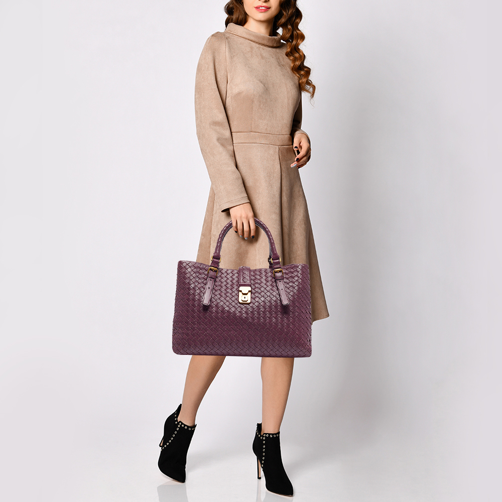 Bottega Veneta Plum Intrecciato Leather Medium Roma Tote