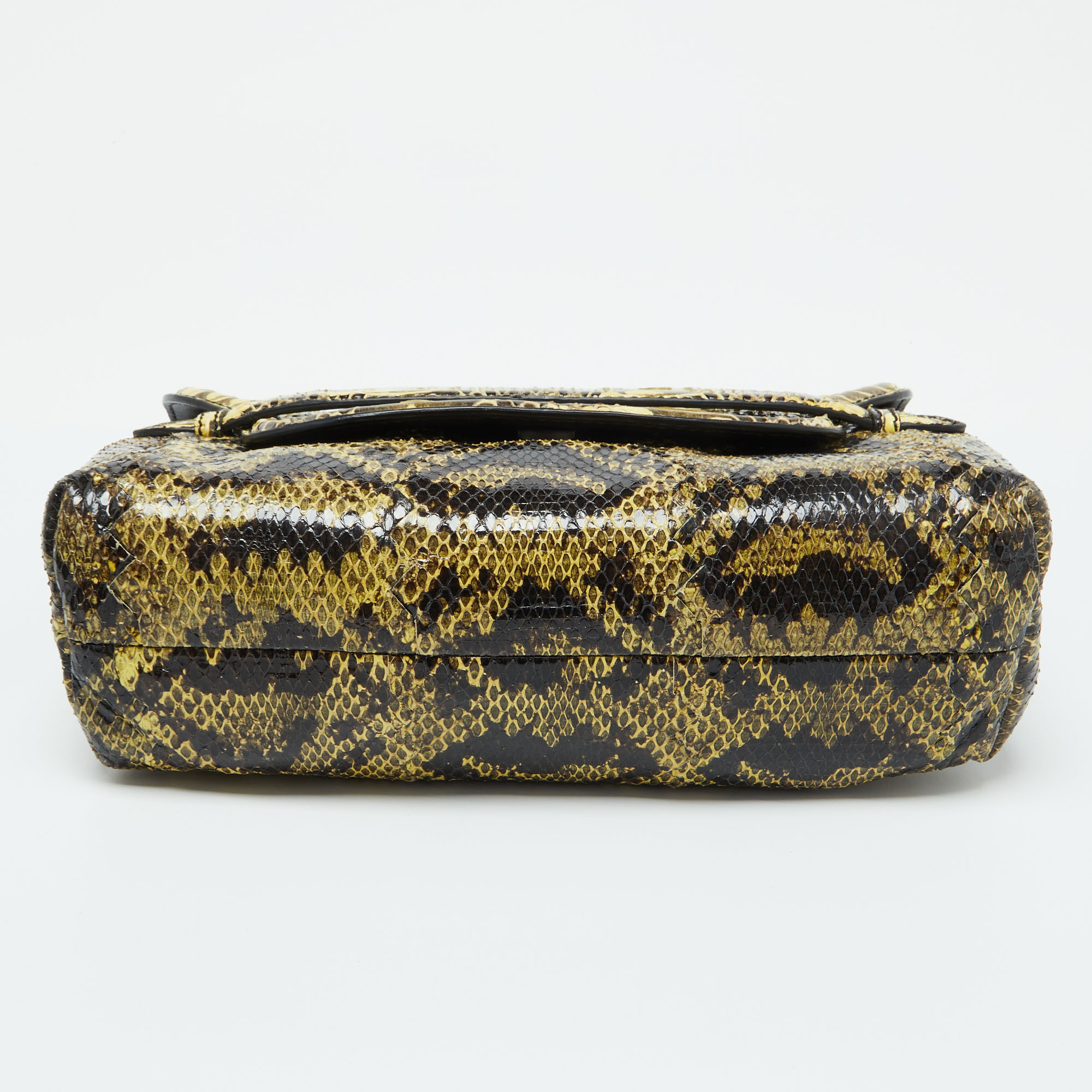 Bottega Veneta Yellow/Brown Intrecciato Karung And Watersnake Detail Flap Shoulder Bag