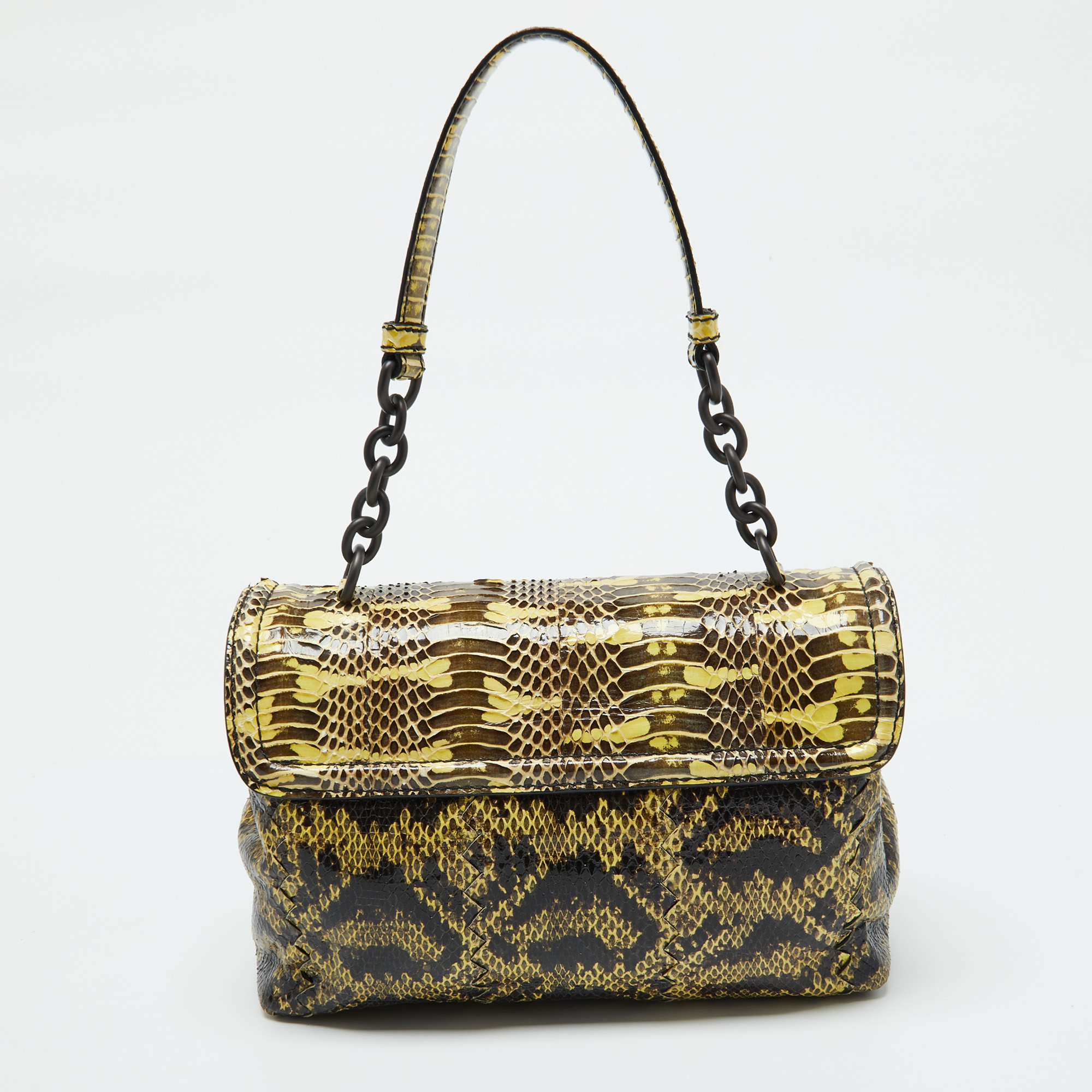 Bottega Veneta Yellow/Brown Intrecciato Karung And Watersnake Detail Flap Shoulder Bag