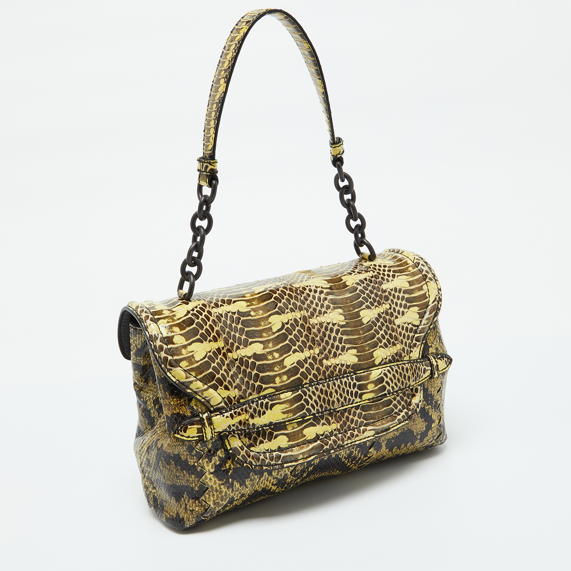 Bottega Veneta Yellow/Brown Intrecciato Karung And Watersnake Detail Flap Shoulder Bag