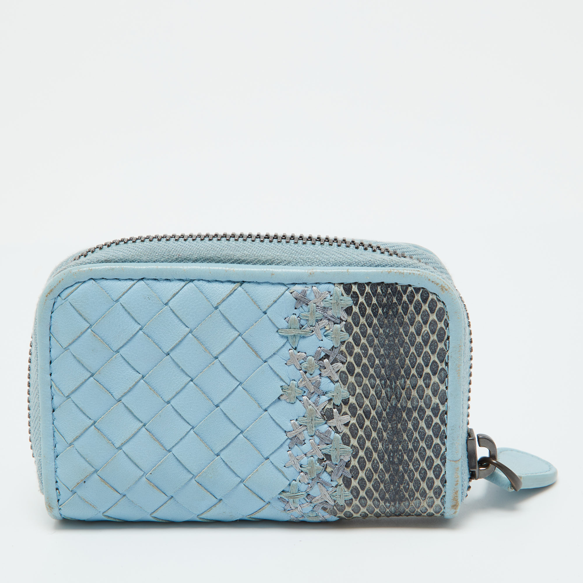 Bottega Veneta Blue Intrecciato Leather And Karung Leather Coin Purse