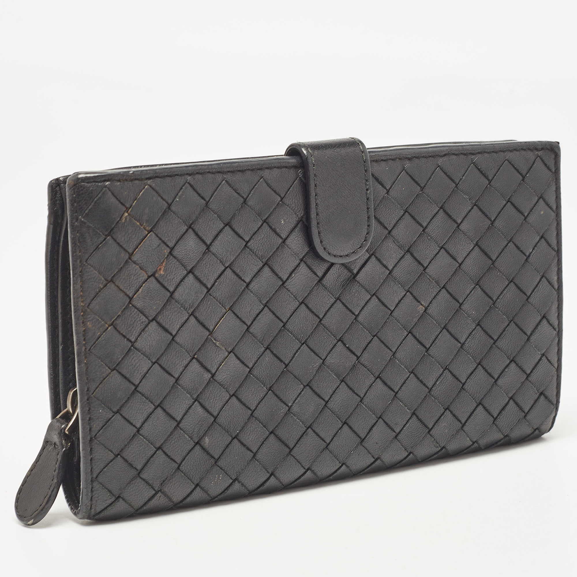 Bottega Veneta Black Intrecciato Leather French Flap Wallet