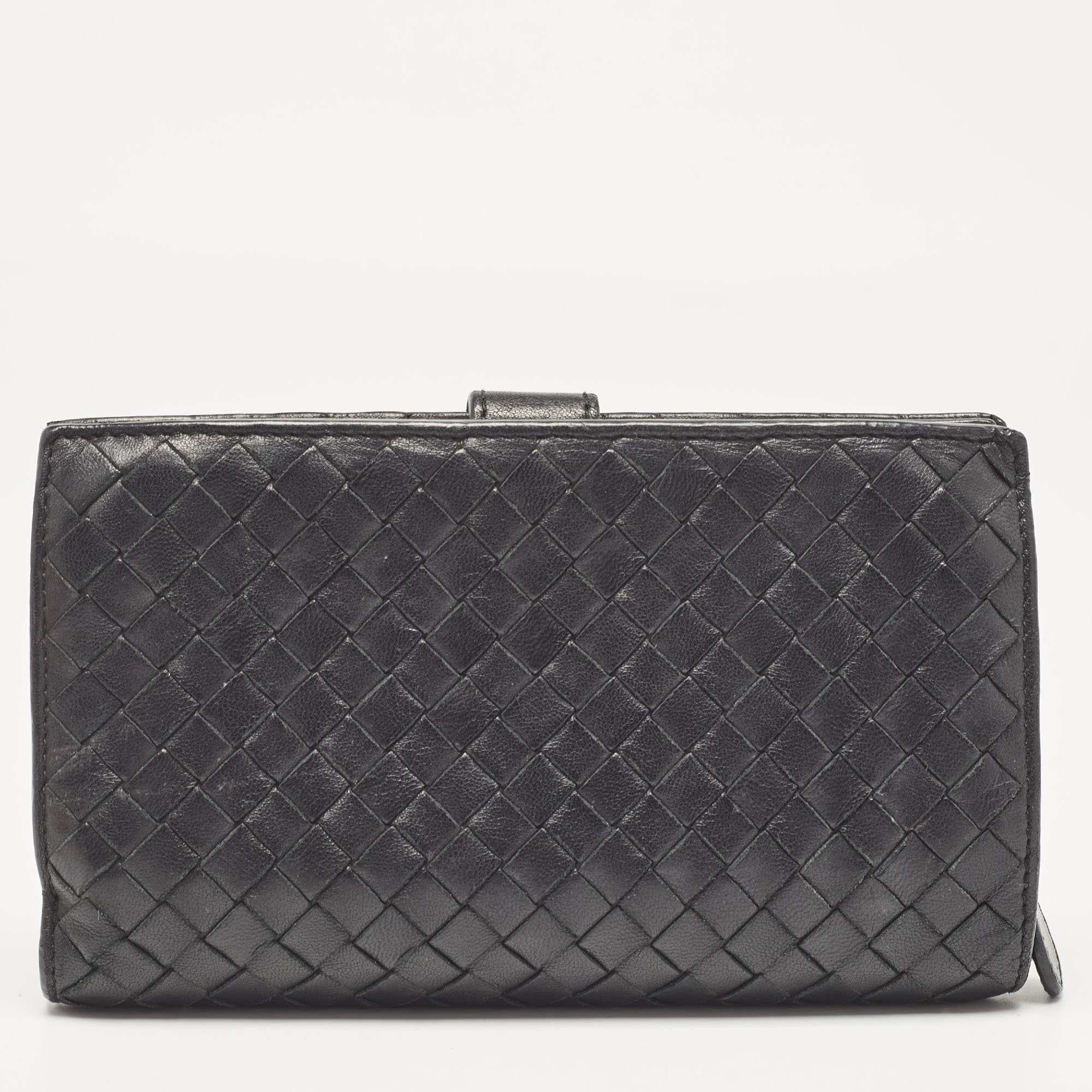 Bottega Veneta Black Intrecciato Leather French Flap Wallet