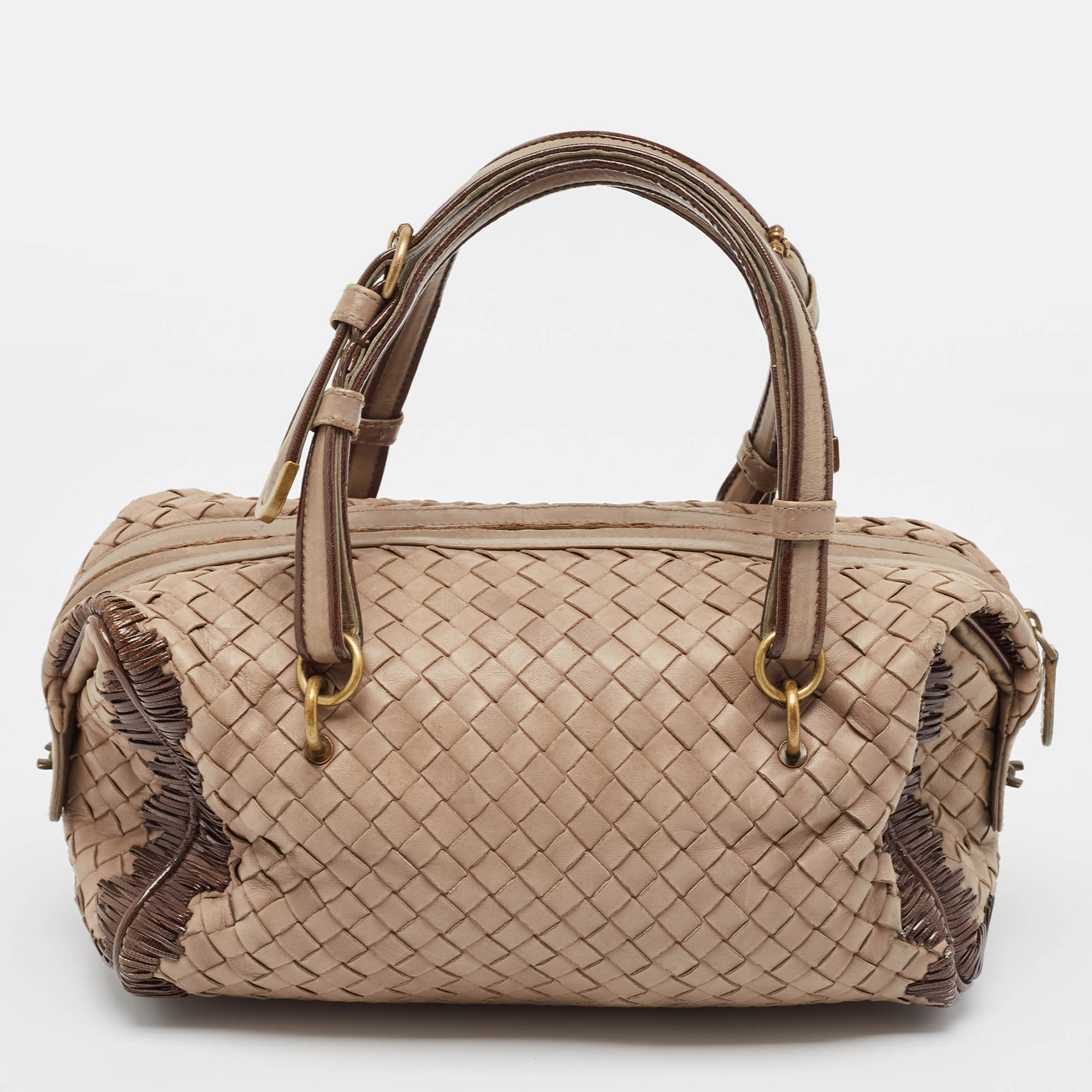 Bottega Veneta Beige Intrecciato Leather Boston Bag