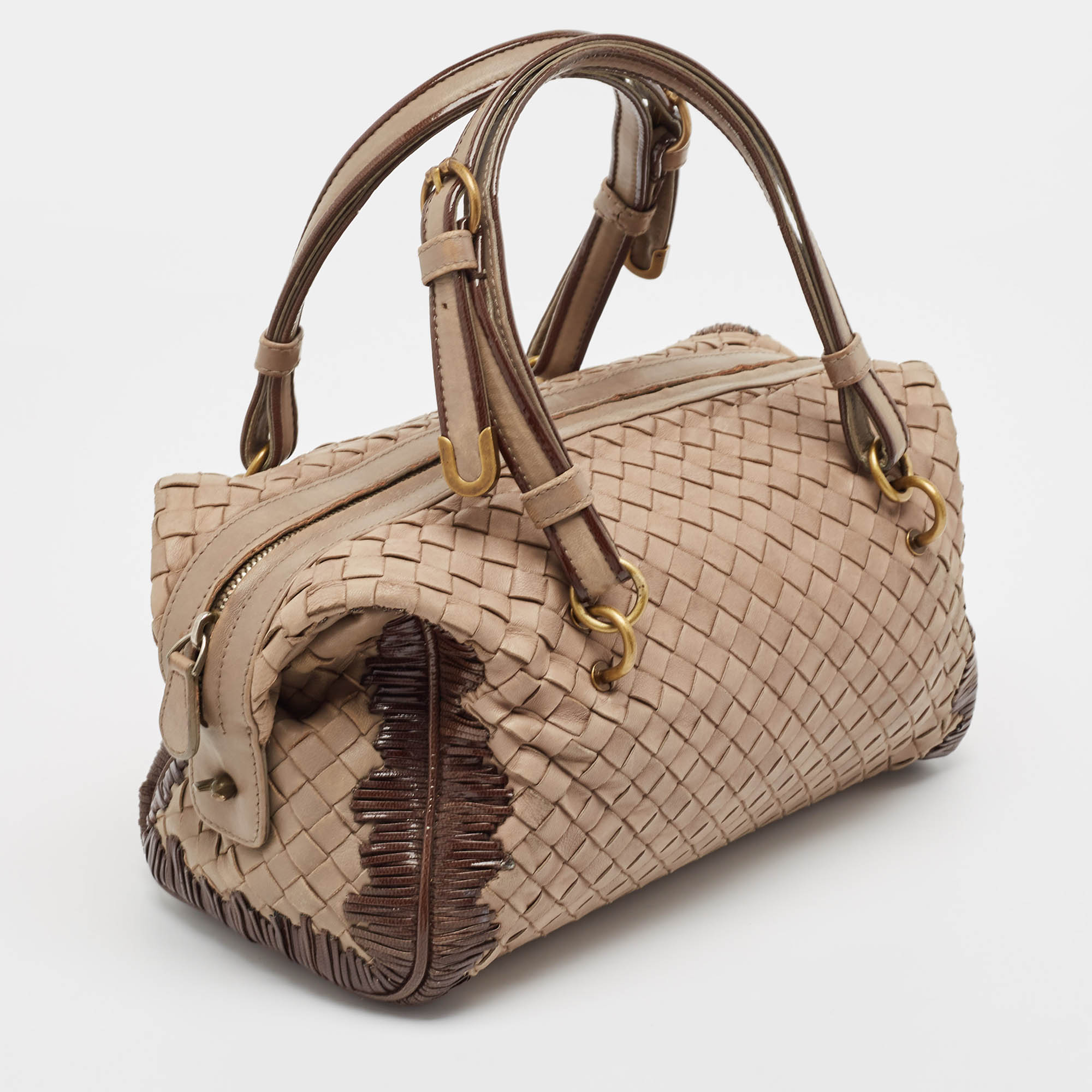 Bottega Veneta Beige Intrecciato Leather Boston Bag