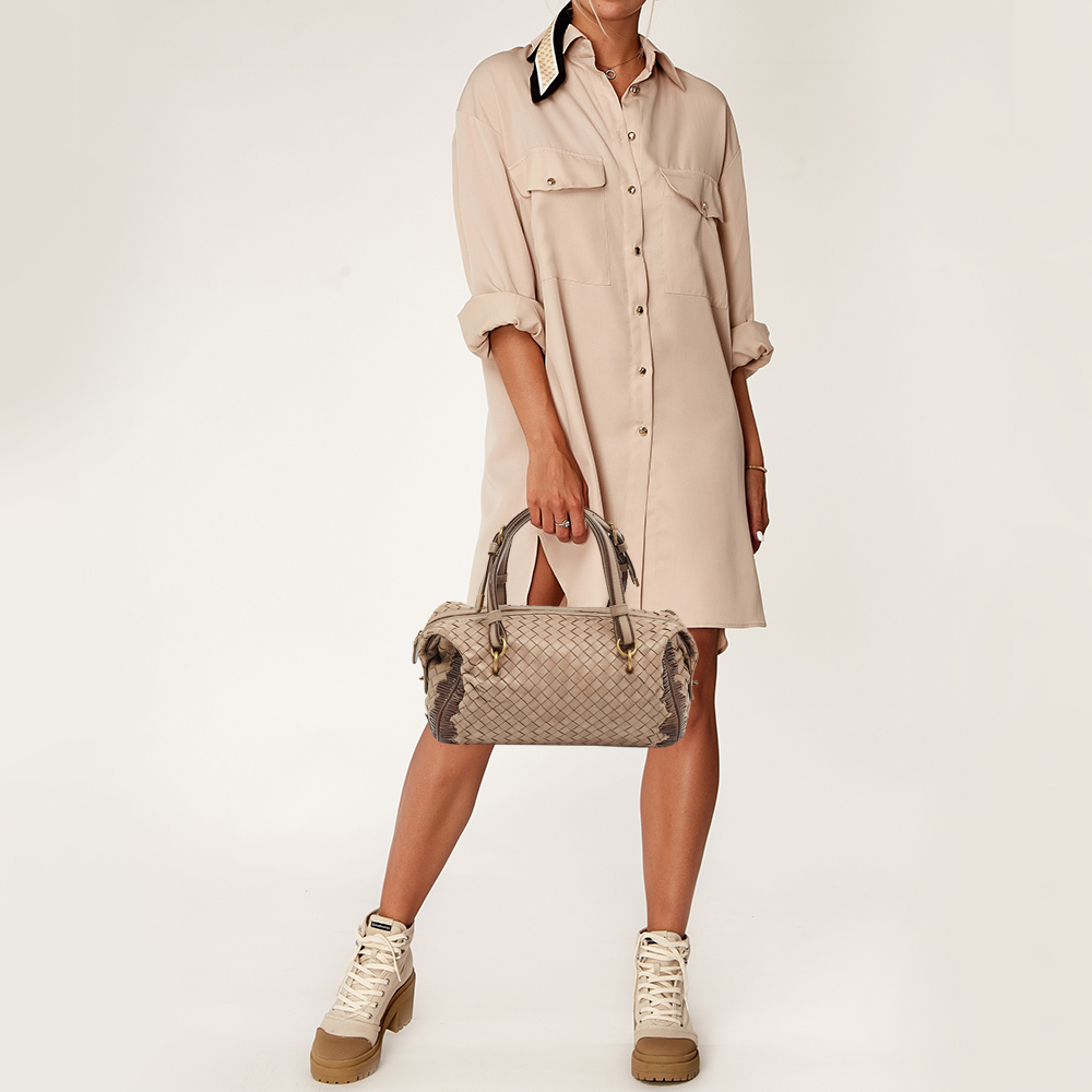 Bottega Veneta Beige Intrecciato Leather Boston Bag