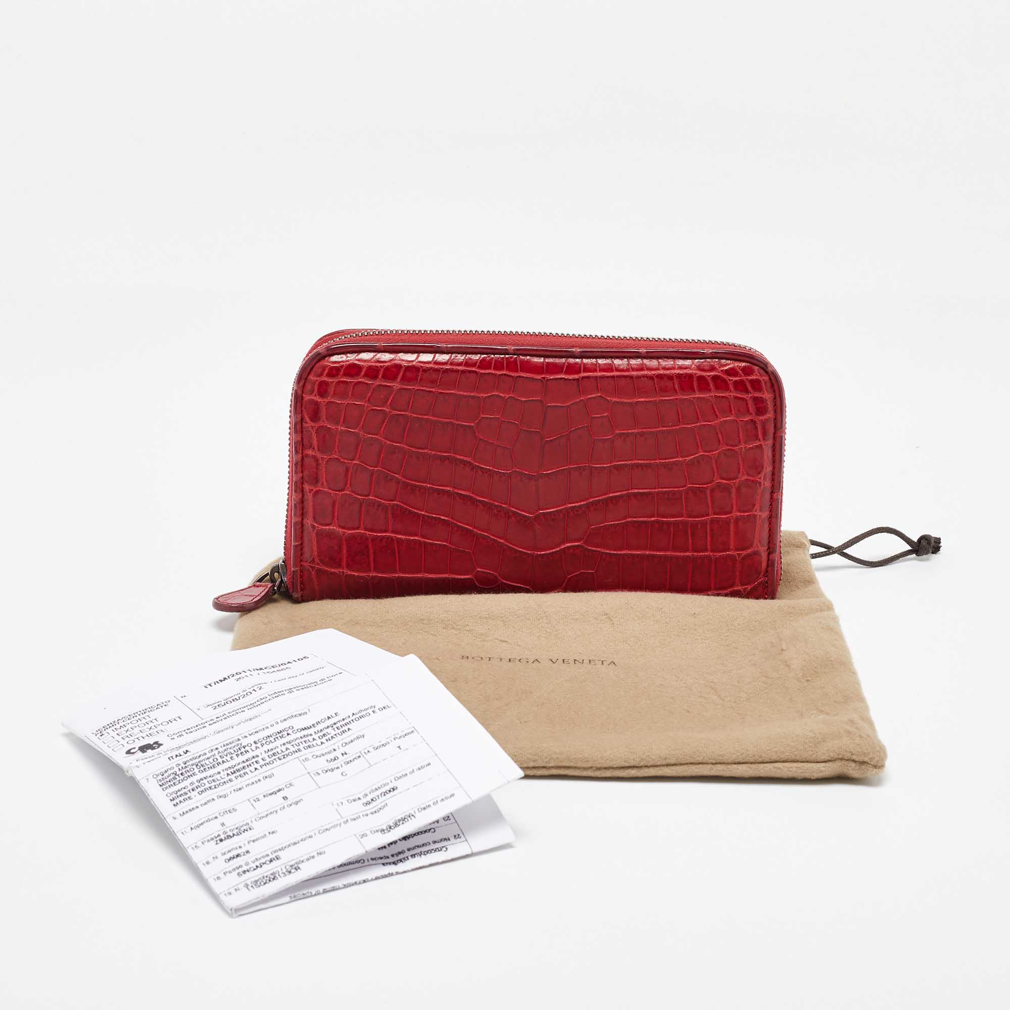 Bottega Veneta Red Crocodile Zip Around Wallet