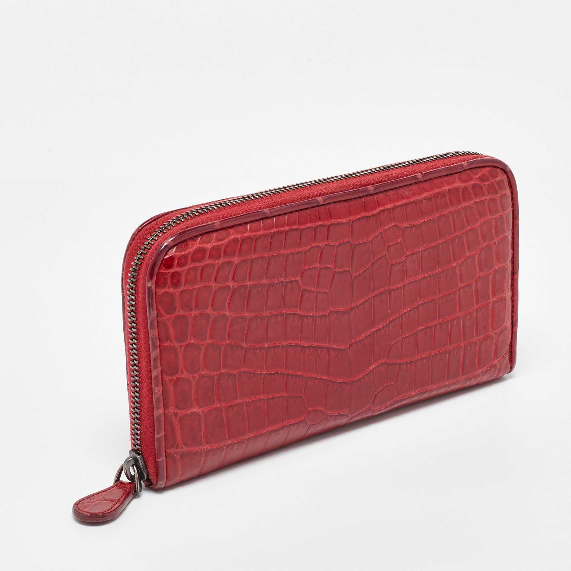 Bottega Veneta Red Crocodile Zip Around Wallet