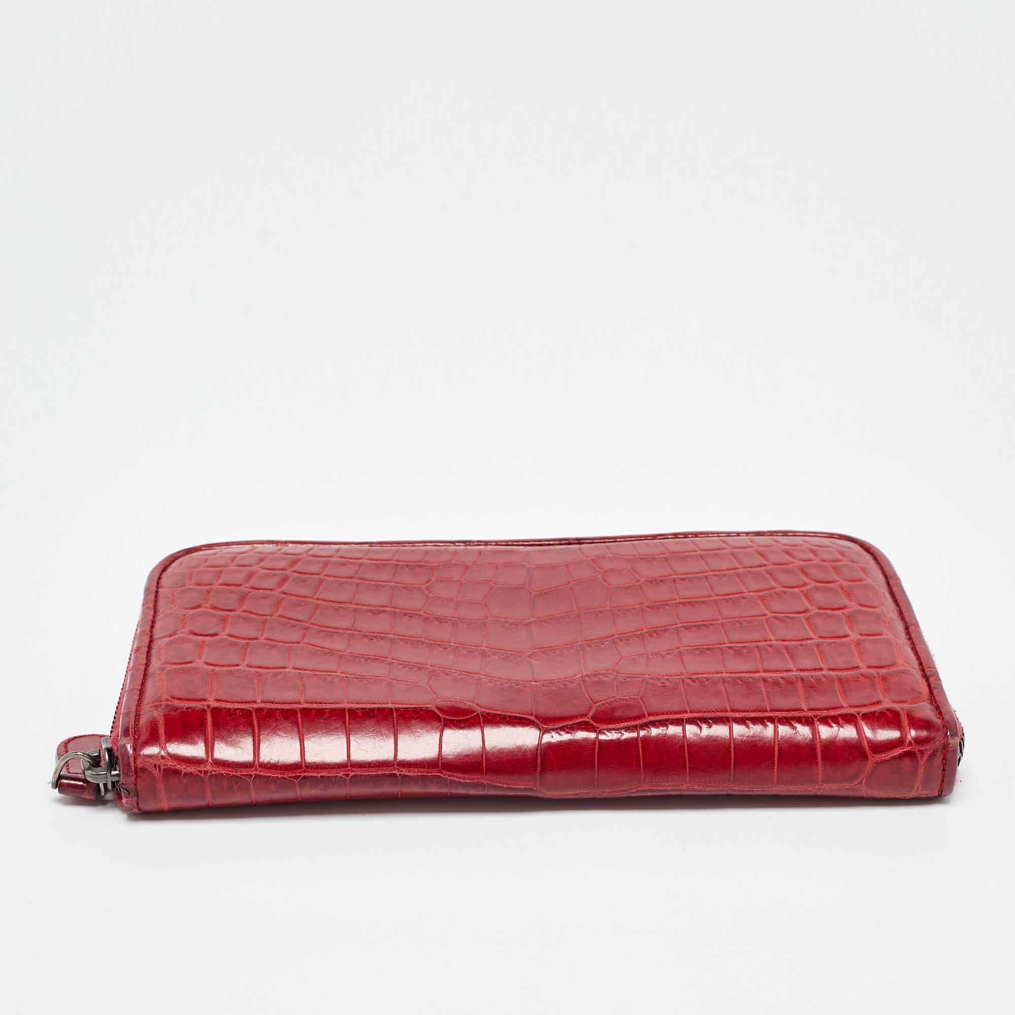 Bottega Veneta Red Crocodile Zip Around Wallet