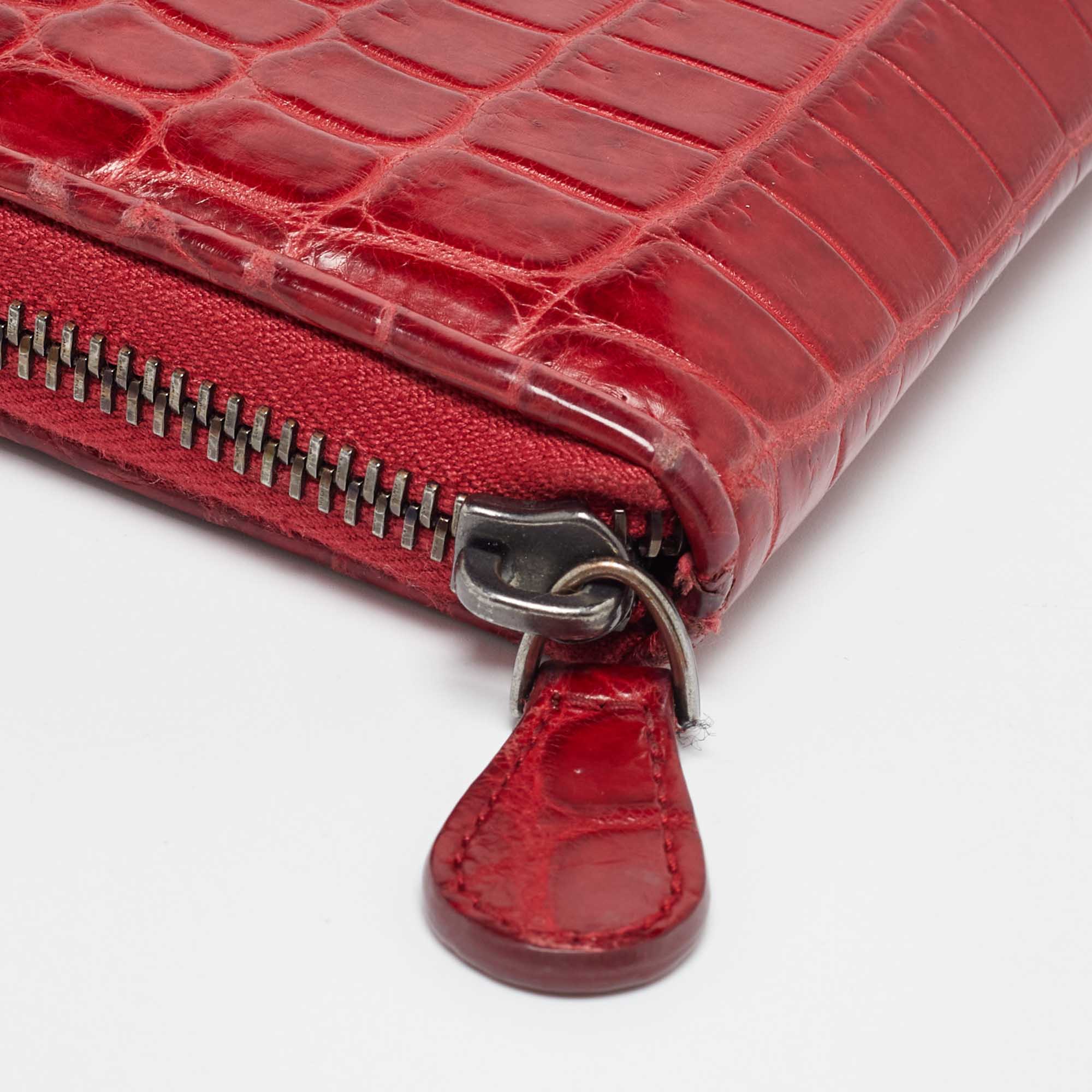 Bottega Veneta Red Crocodile Zip Around Wallet