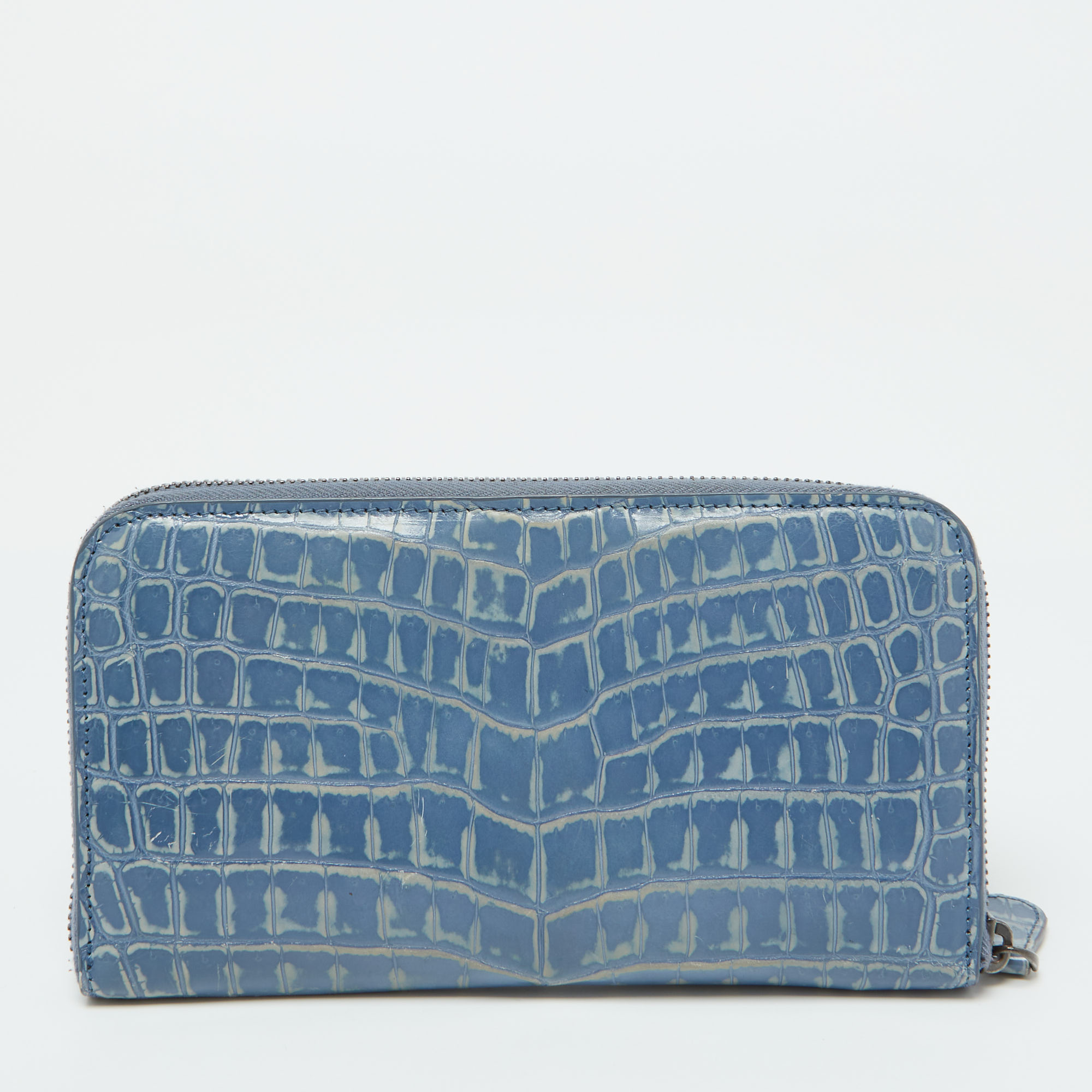 Bottega Veneta Blue Crocodile Zip Around Wallet