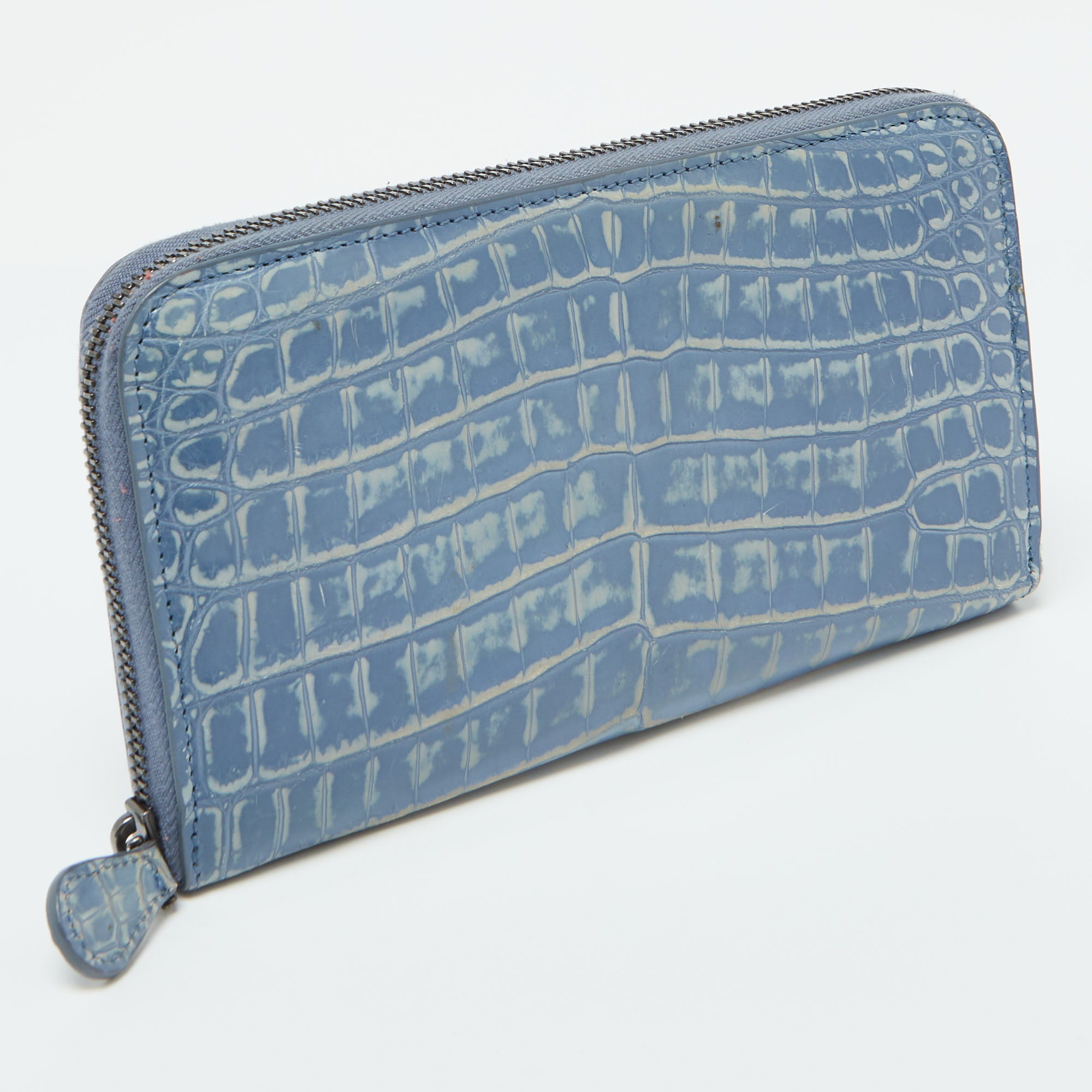 Bottega Veneta Blue Crocodile Zip Around Wallet