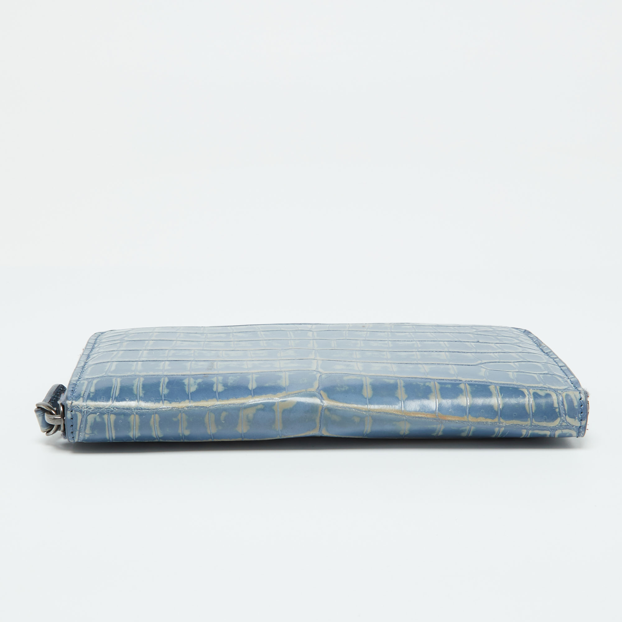 Bottega Veneta Blue Crocodile Zip Around Wallet