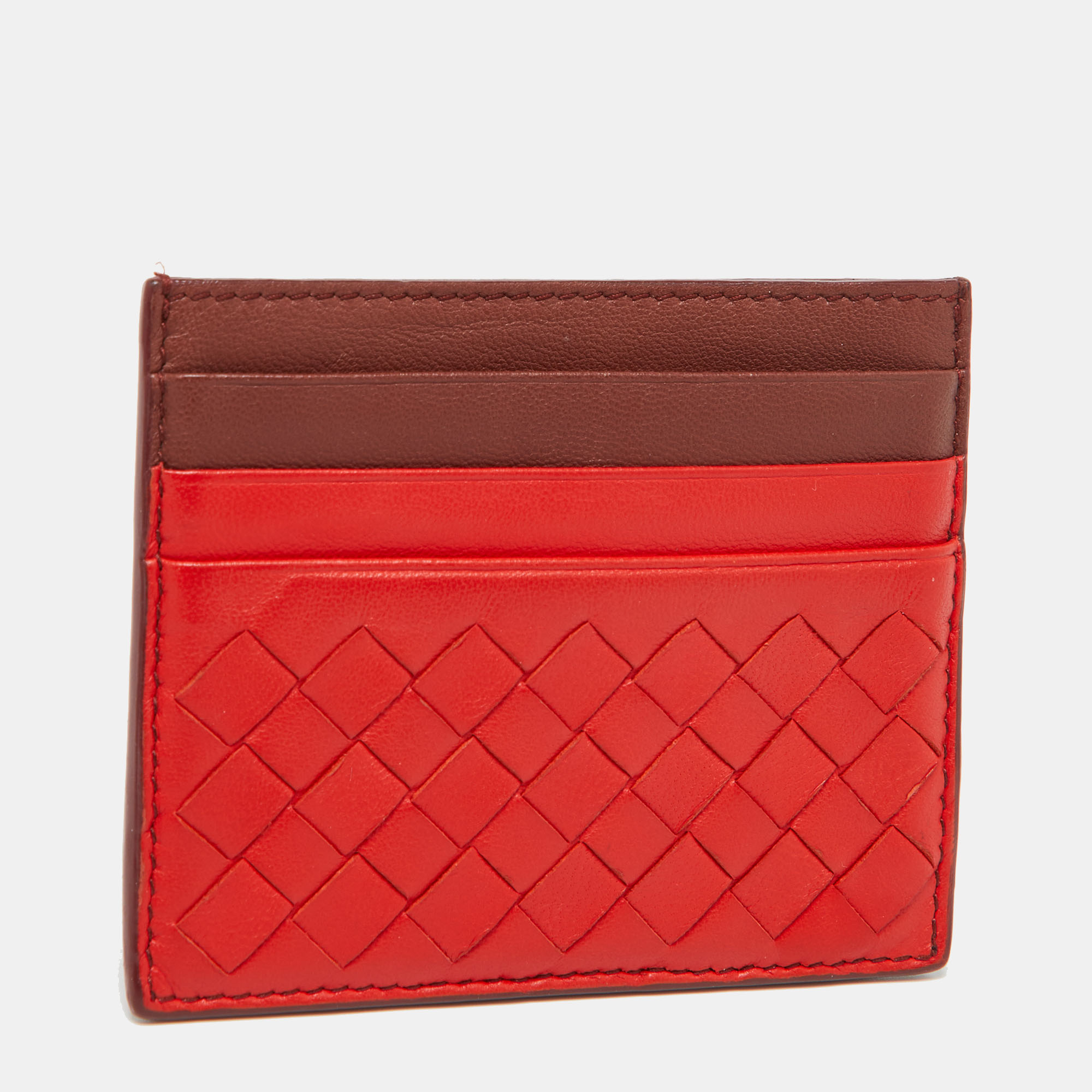 Bottega Veneta Orange/Burgundy Intrecciato Leather Card Holder