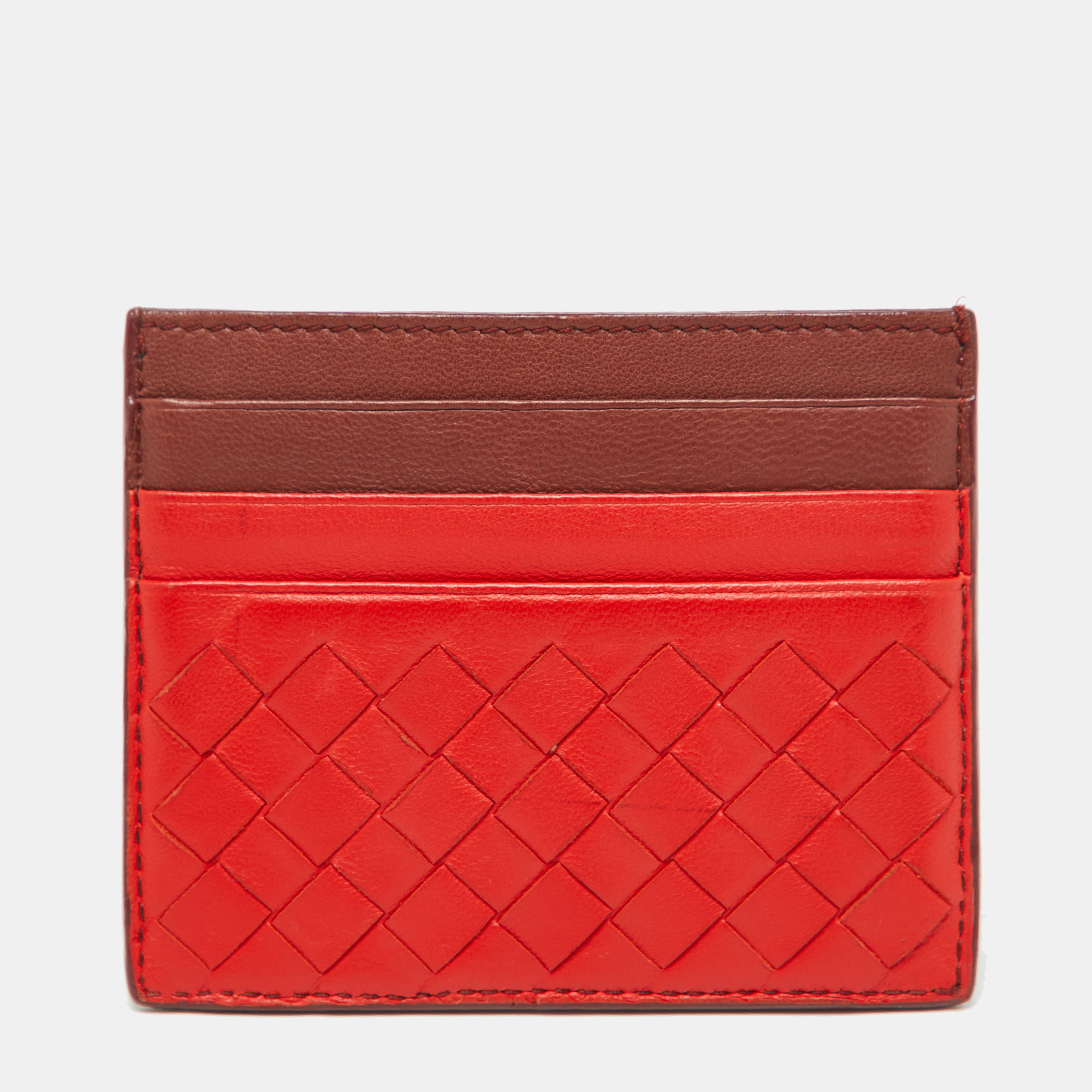 Bottega Veneta Orange/Burgundy Intrecciato Leather Card Holder