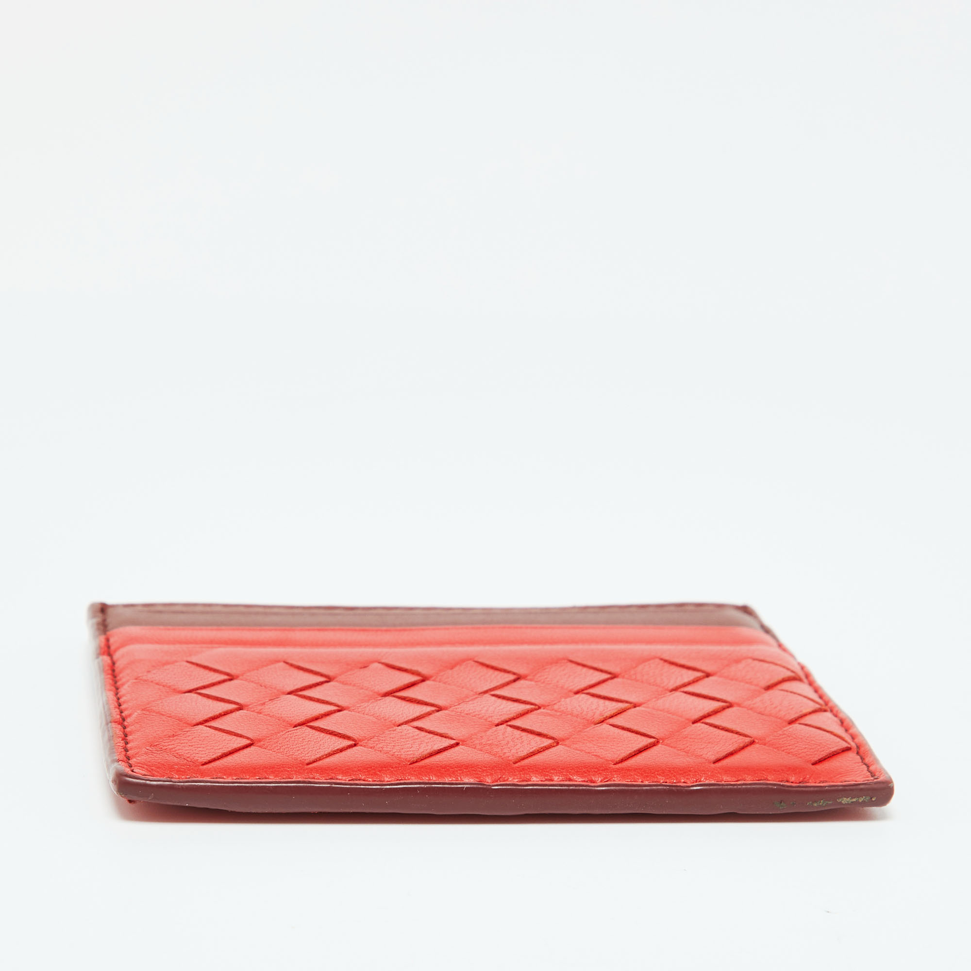 Bottega Veneta Orange/Burgundy Intrecciato Leather Card Holder