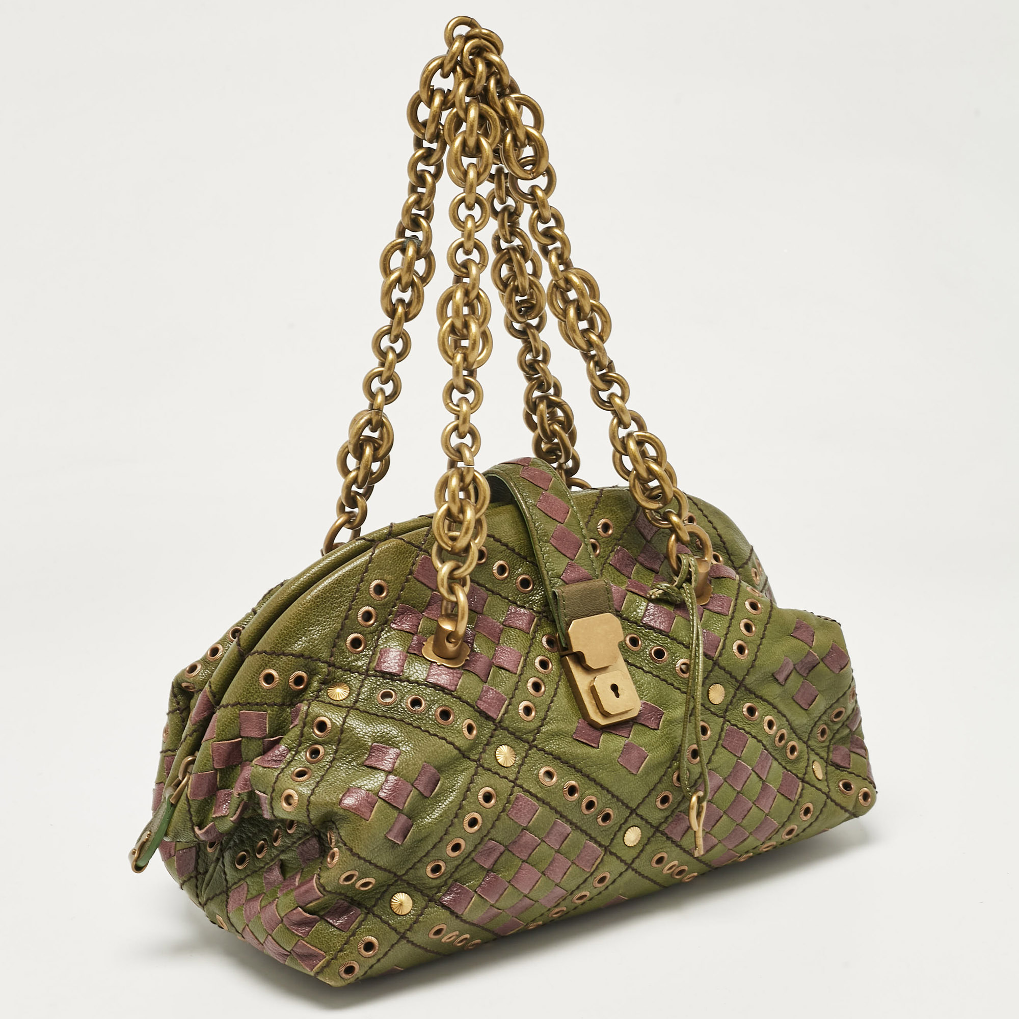 Bottega Veneta Green/Purple Intrecciato Leather Bowler Bag