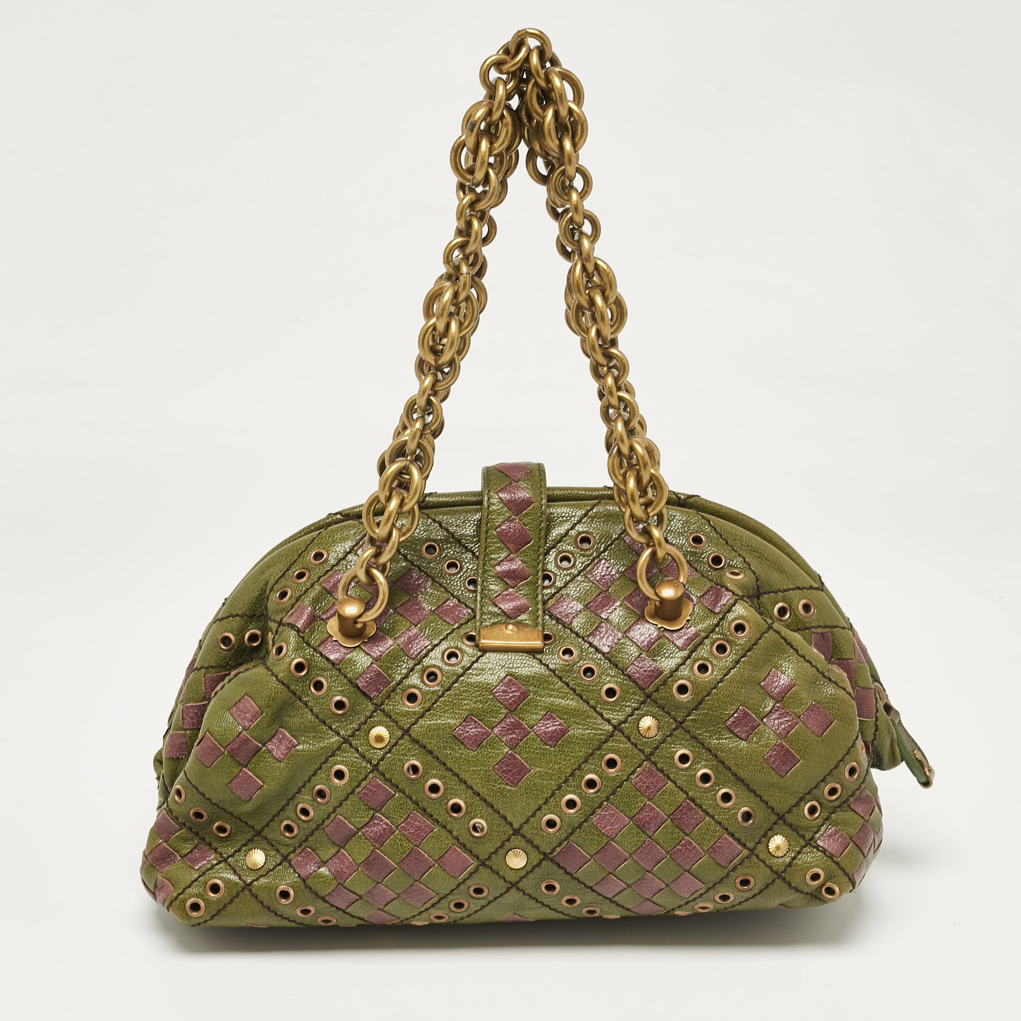 Bottega Veneta Green/Purple Intrecciato Leather Bowler Bag