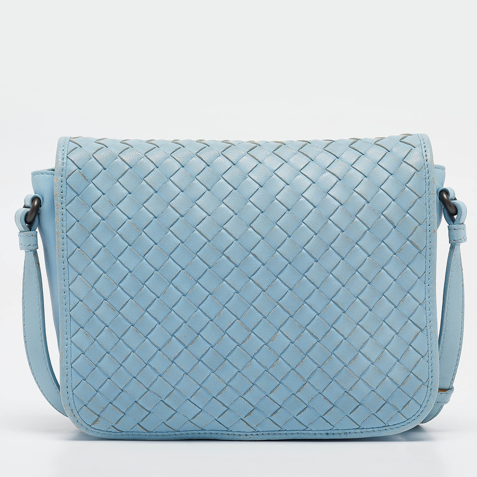 Bottega Veneta Light Blue Intrecciato Leather Flap Crossbody Bag