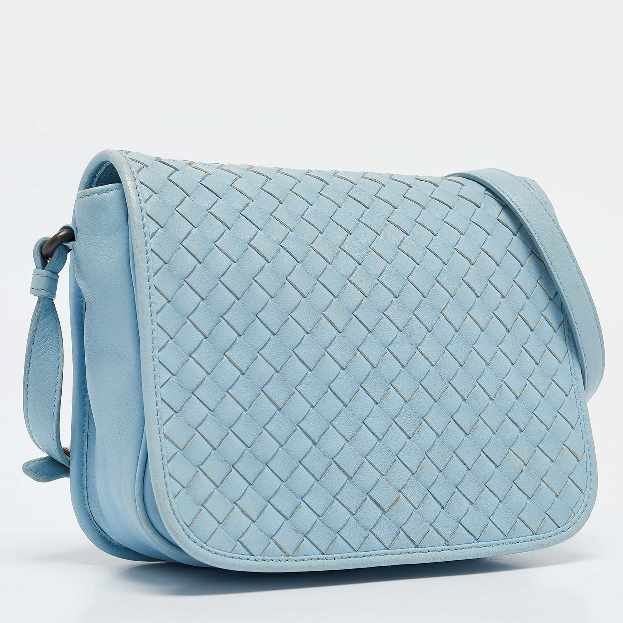 Bottega Veneta Light Blue Intrecciato Leather Flap Crossbody Bag