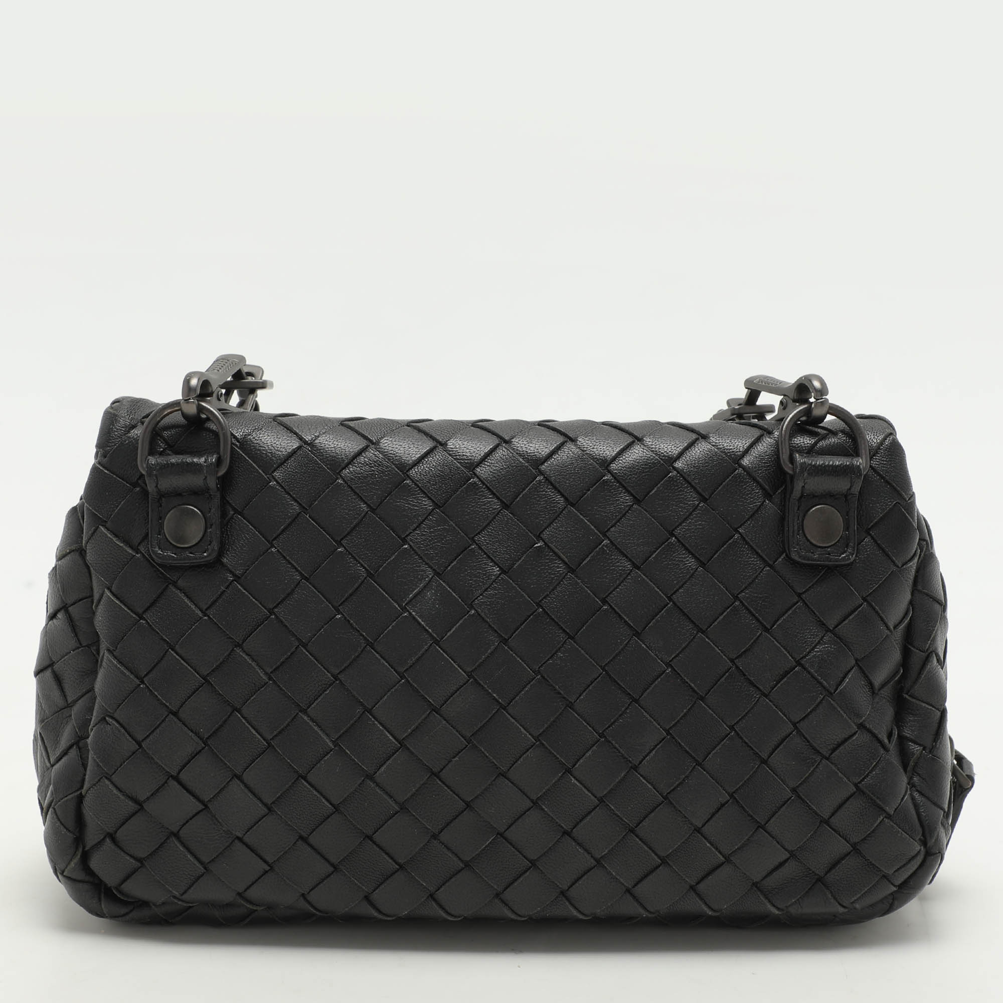 Bottega Veneta Black Intrecciato Leather Flap Chain Crossbody Bag