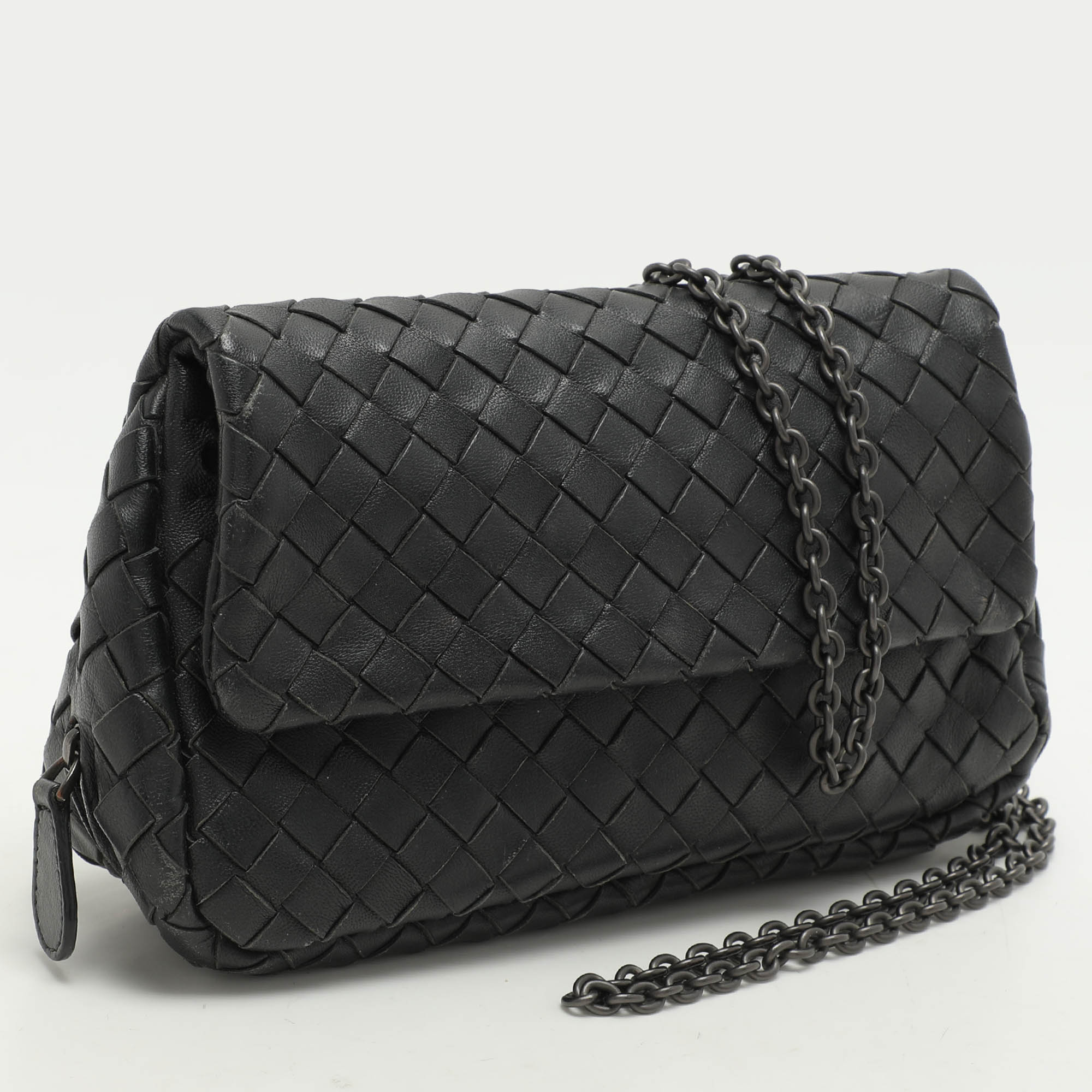 Bottega Veneta Black Intrecciato Leather Flap Chain Crossbody Bag