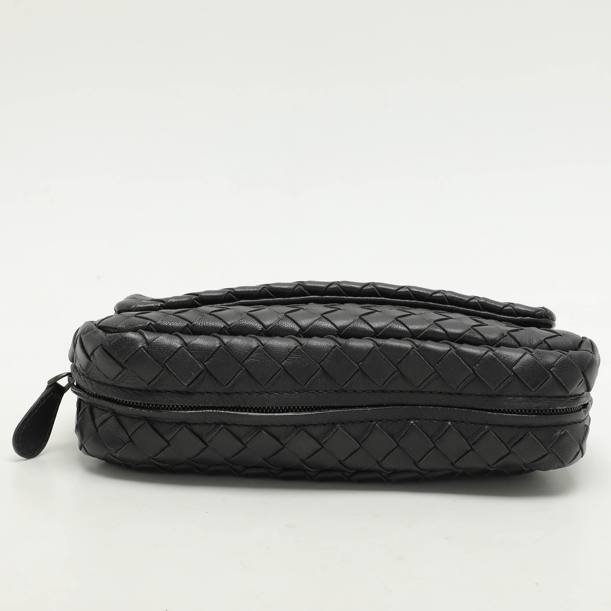 Bottega Veneta Black Intrecciato Leather Flap Chain Crossbody Bag