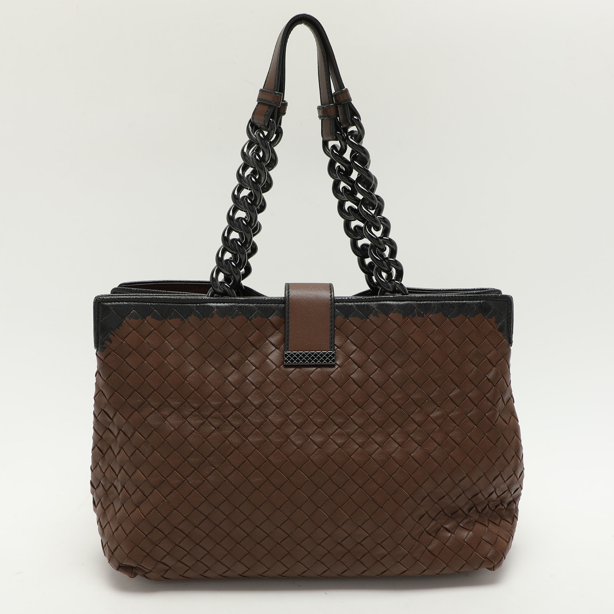 Bottega Veneta Brown/Black Intrecciato Leather And Karung Chain Tote