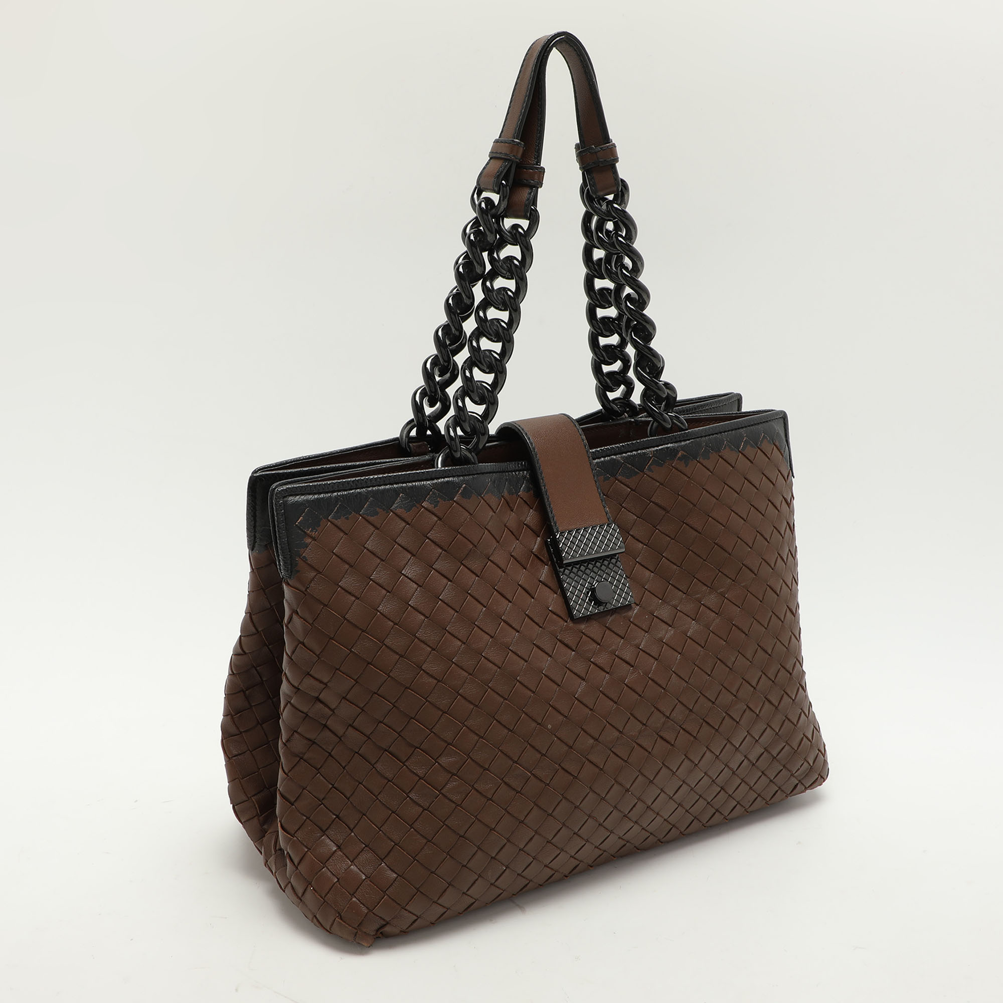 Bottega Veneta Brown/Black Intrecciato Leather And Karung Chain Tote