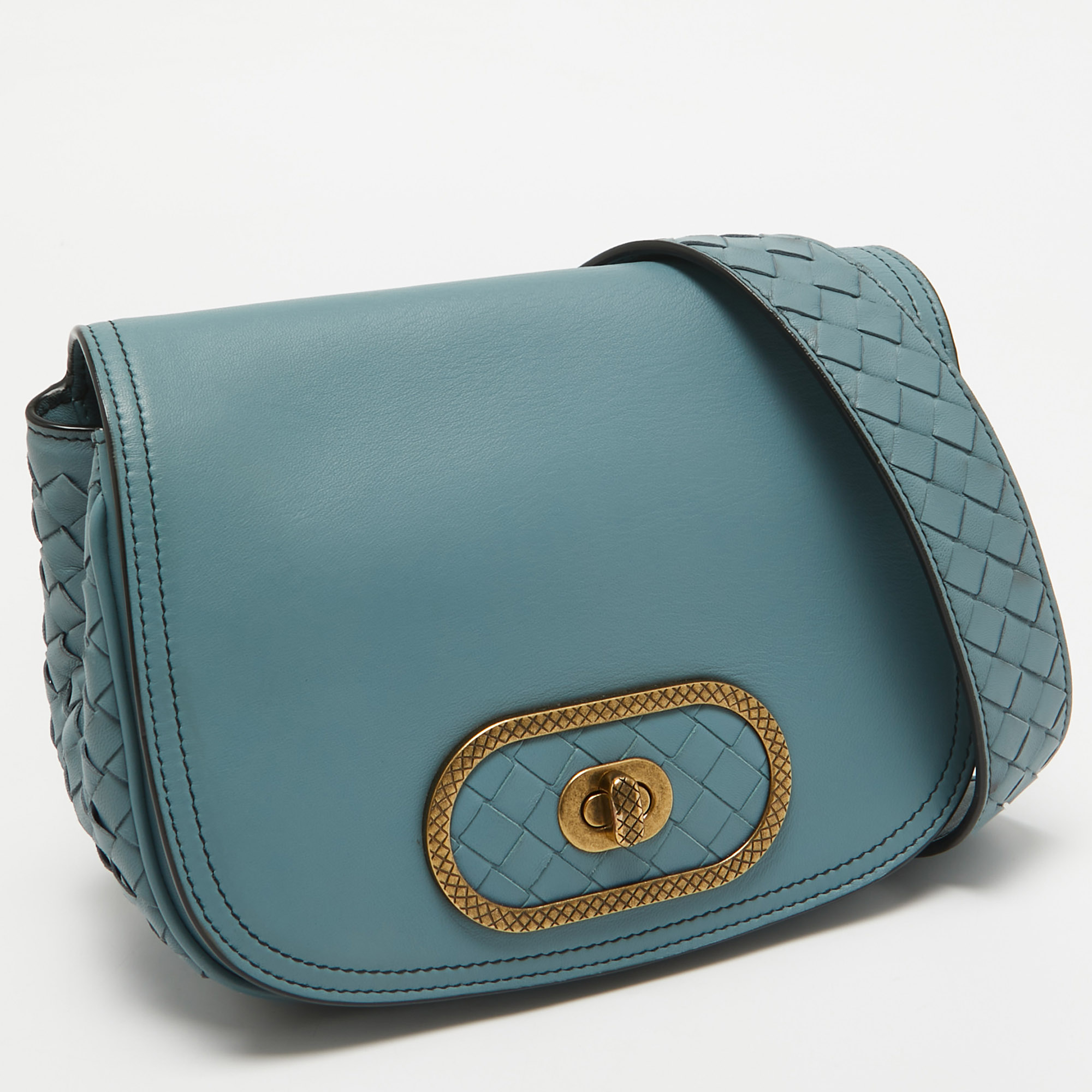 Bottega Veneta Stone Blue Intrecciato Leather Luna Shoulder Bag