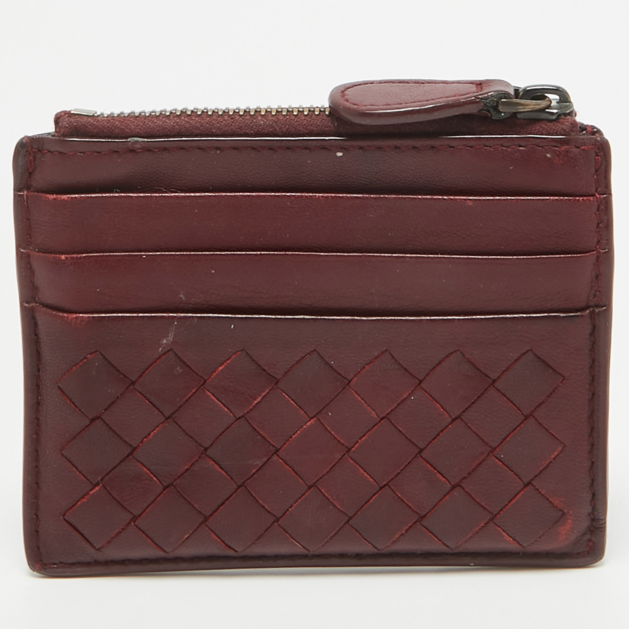 Bottega Veneta Burgundy Intrecciato Leather Zip Card Holder