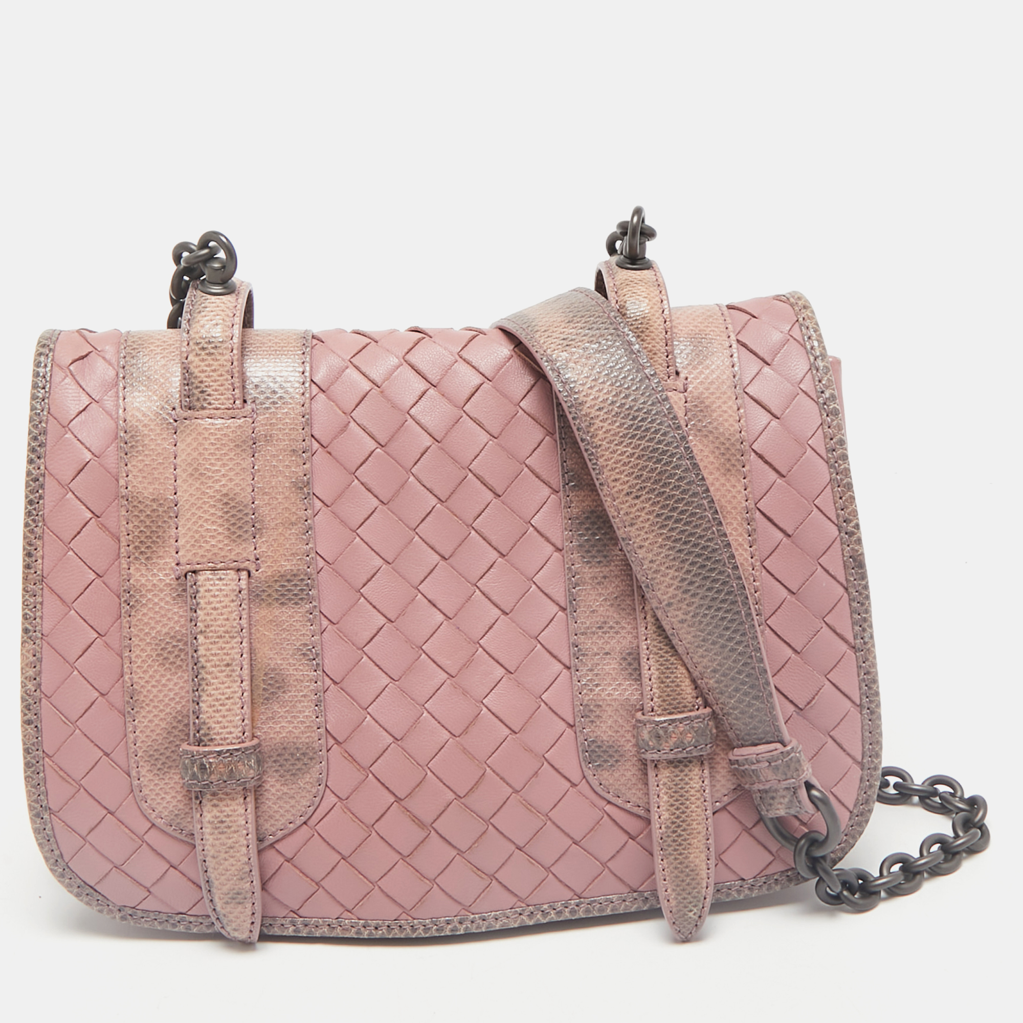 Bottega Veneta Pink Intrecciato Leather and Karung Flap Crossbody Bag
Bottega Veneta Pink Intrecciato Leather and Karung Flap Crossbody Bag