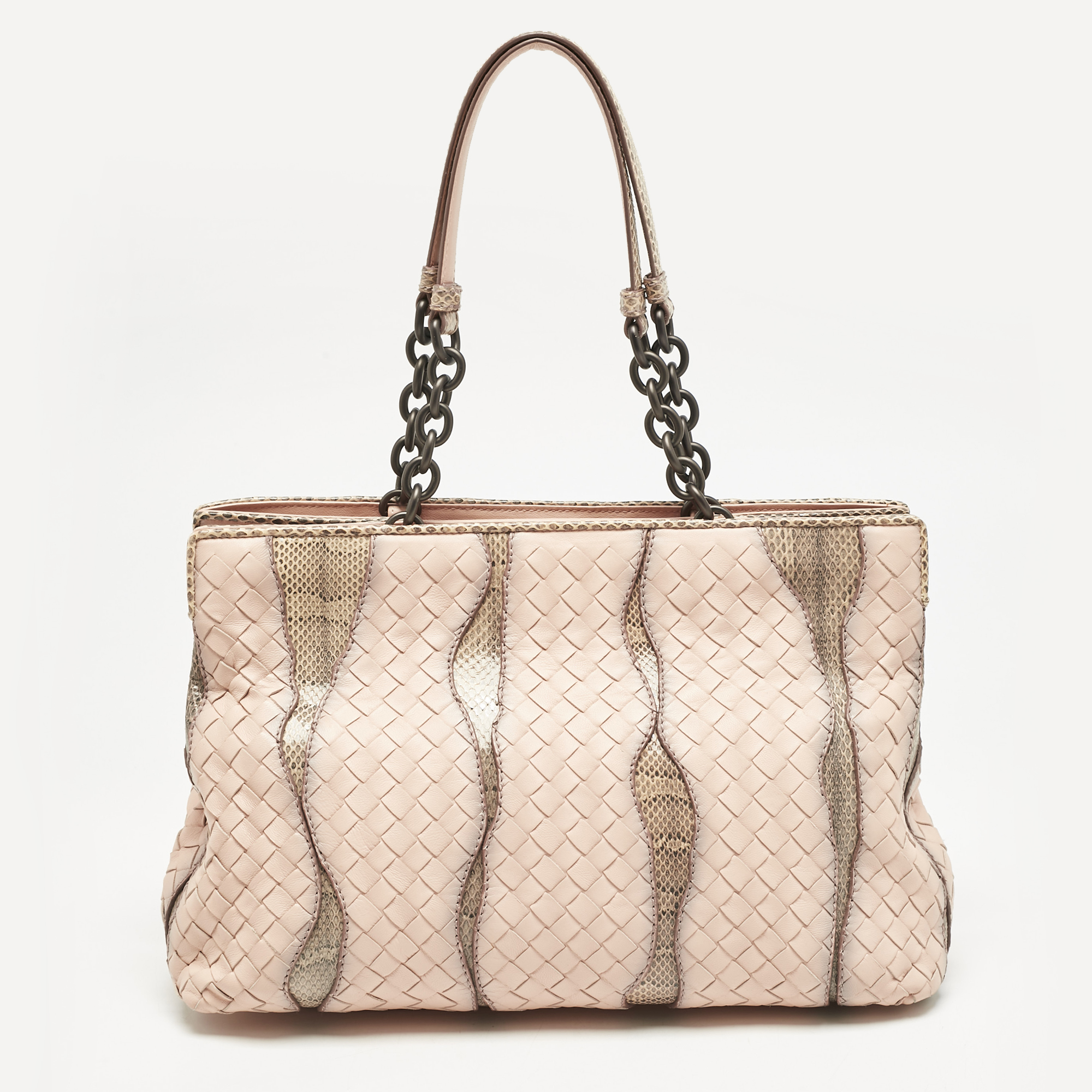 Bottega Veneta Salmon/Beige Intrecciato Leather and Snakeskin Frame Tote, Pink
Bottega Veneta Salmon/Beige Intrecciato Leather and Snakeskin Frame Tote, Pink