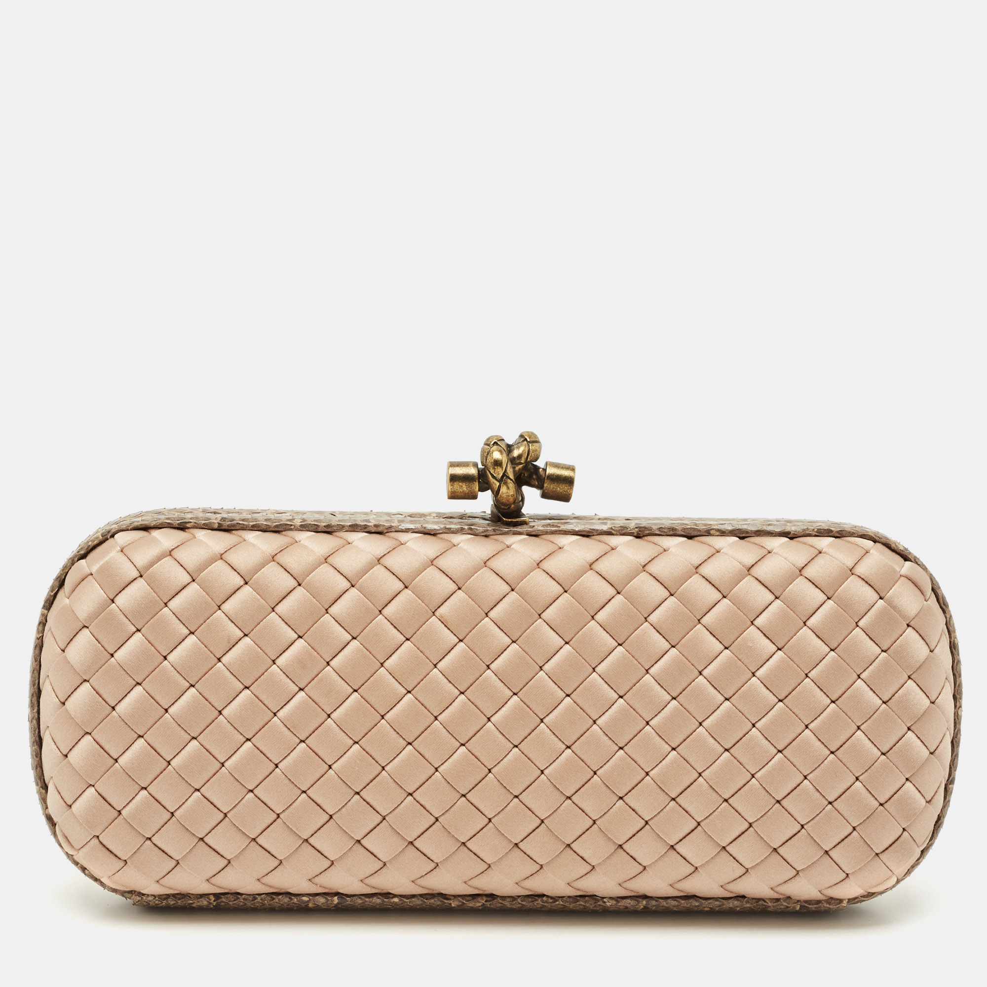 Bottega Veneta Beige Intrecciato Satin and Water Snakeskin Trim Knot Clutch
Bottega Veneta Beige Intrecciato Satin and Water Snakeskin Trim Knot Clutch