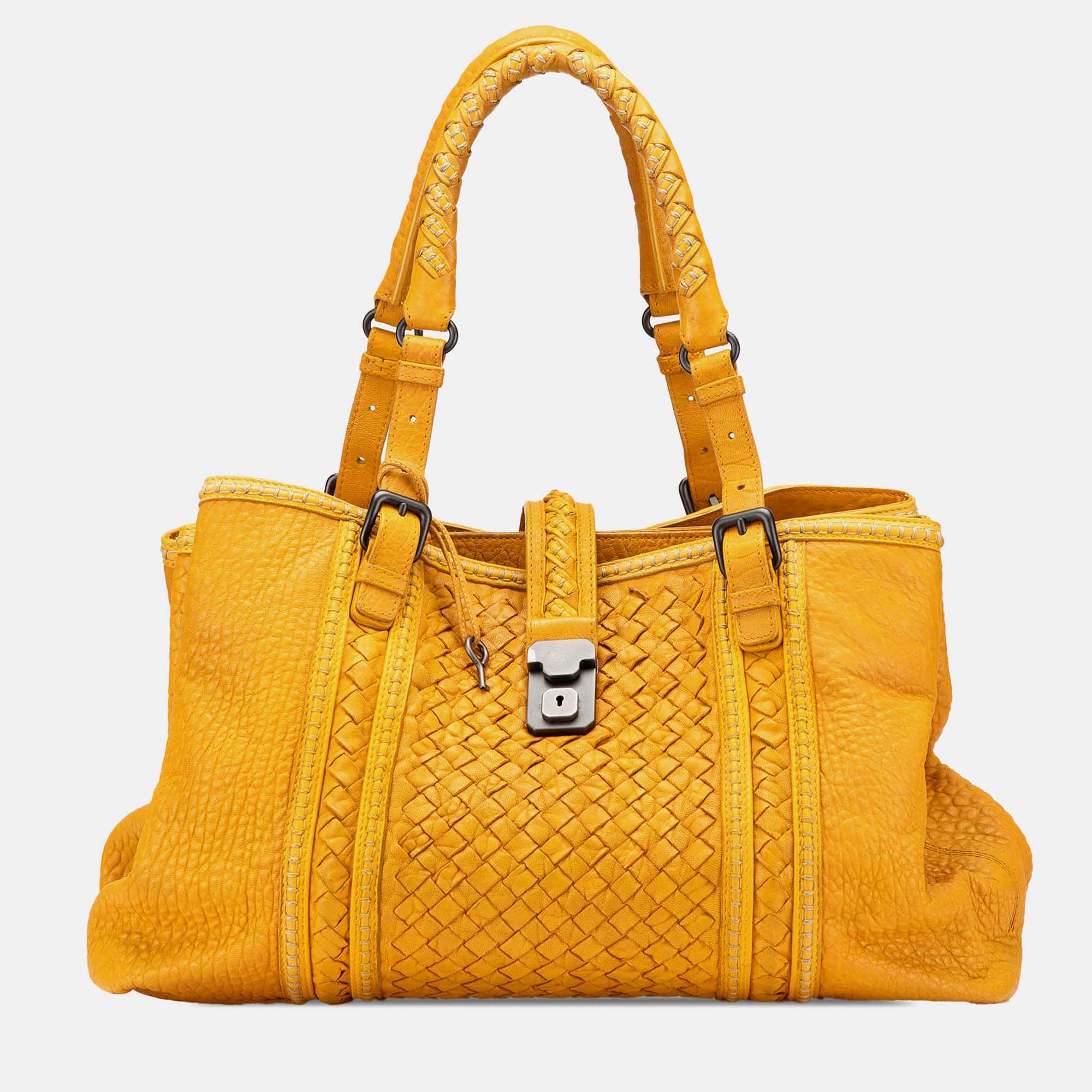 Bottega Veneta Yellow Large Nappa Intrecciato Stitched Roma Tote
Bottega Veneta Yellow Large Nappa Intrecciato Stitched Roma Tote