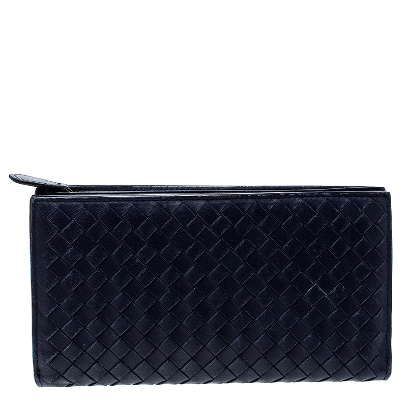 Image of Bottega Veneta Blue Intrecciato Leather Trifold Continental Wallet