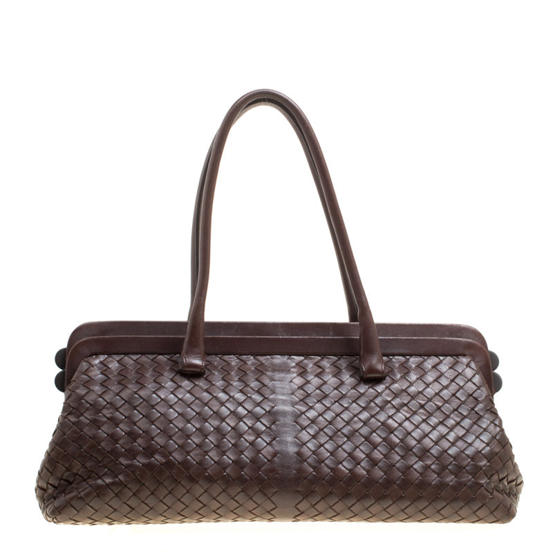 Image of Bottega Veneta Brown Intrecciato Leather Frame Satchel