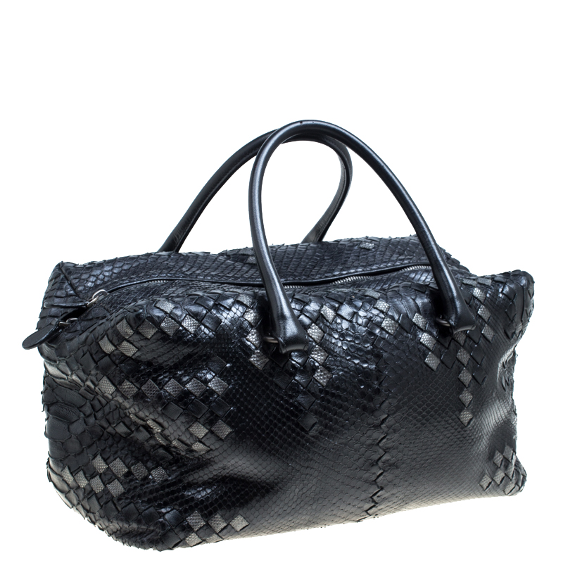 Bottega Veneta Black Python And Leather Intrecciato Detail Brick Bag
