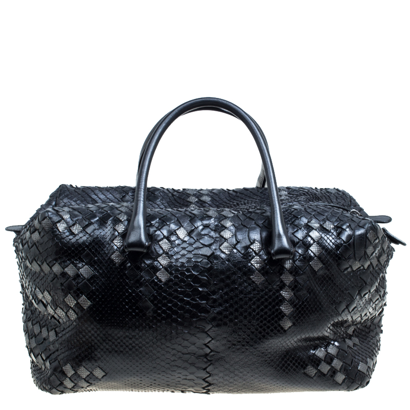 Bottega Veneta Black Python And Leather Intrecciato Detail Brick Bag