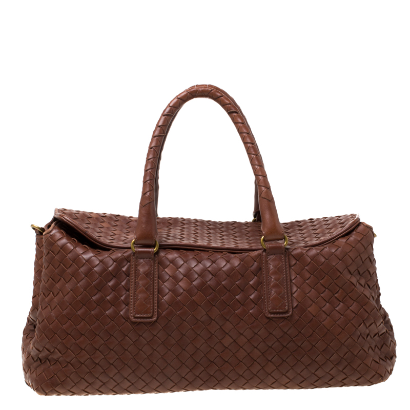 Image of Bottega Veneta Brown Leather Intrecciato Montaigne Satchel
