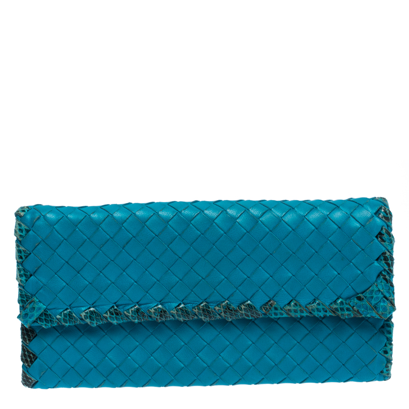 Image of Bottega Veneta Blue Leather and Snakeskin Trim Flap Wallet